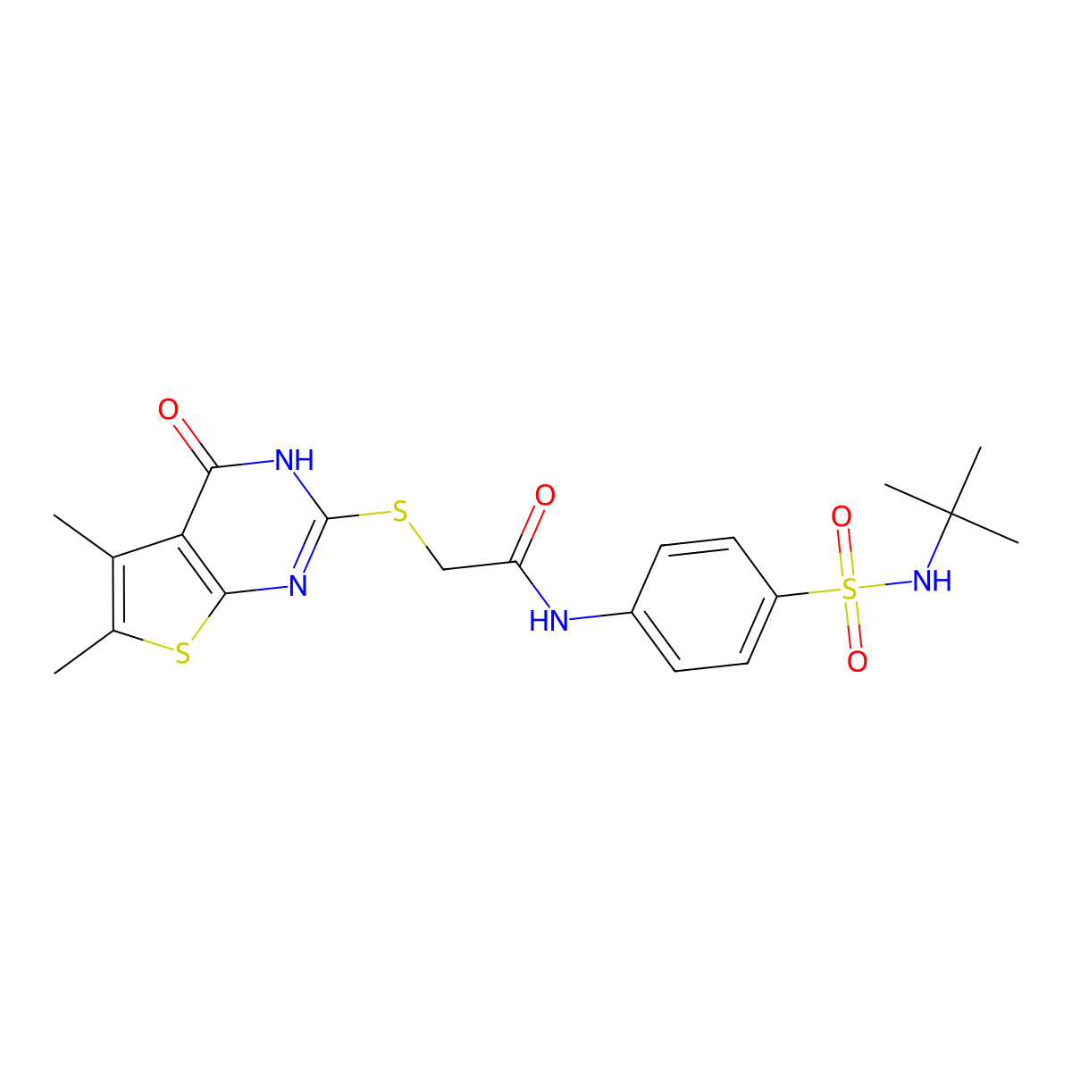 N-[4-(tert-butylsulfamoyl)phenyl]-2-[(5,6-dimethyl-4-oxo-3H-thieno[2,3-d]pyrimidin-2-yl)sulfanyl]acetamide molecular structure, CAS 831240-00-7