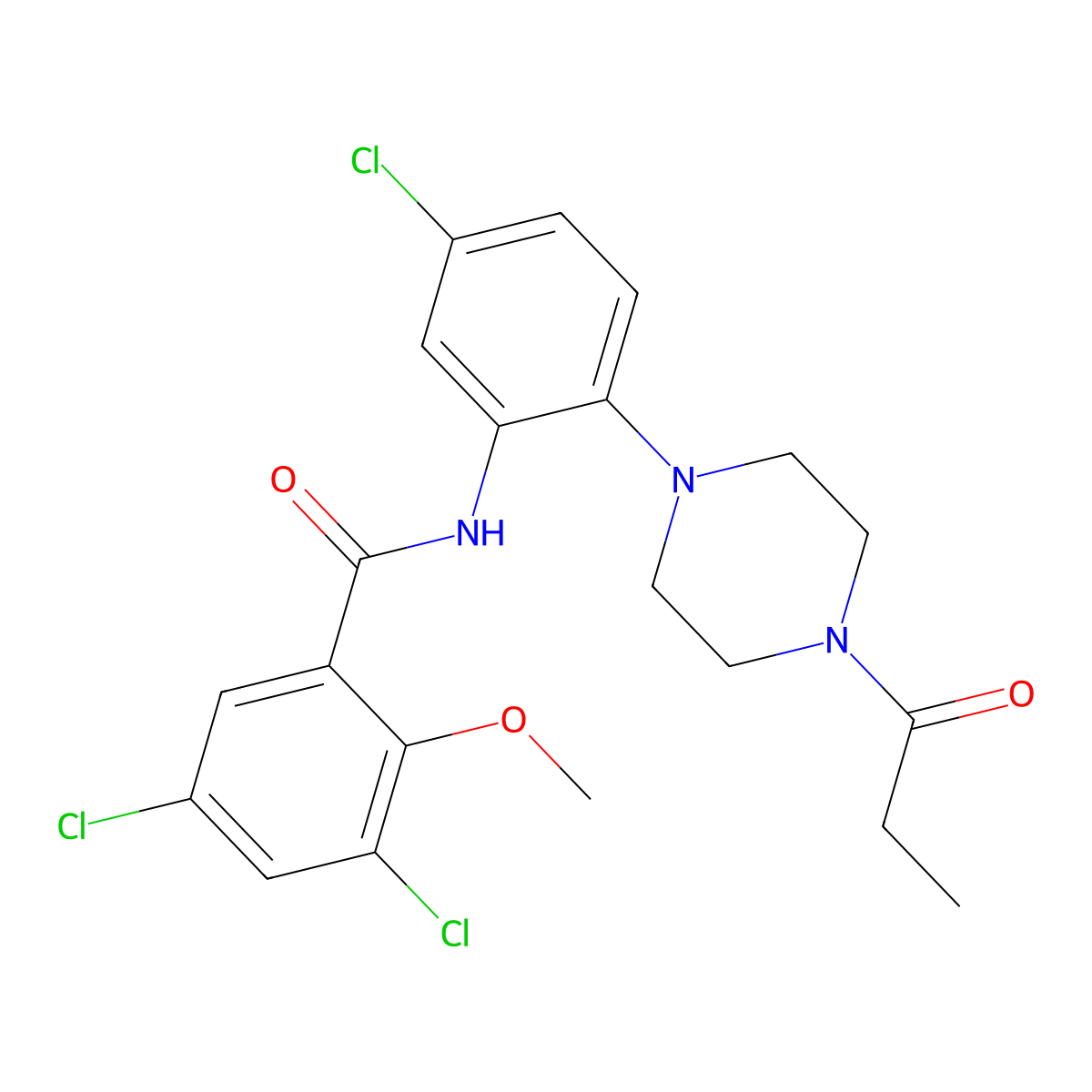 3,5-dichloro-N-[5-chloro-2-(4-propanoylpiperazin-1-yl)phenyl]-2-methoxybenzamide molecular structure, CAS 831240-72-3