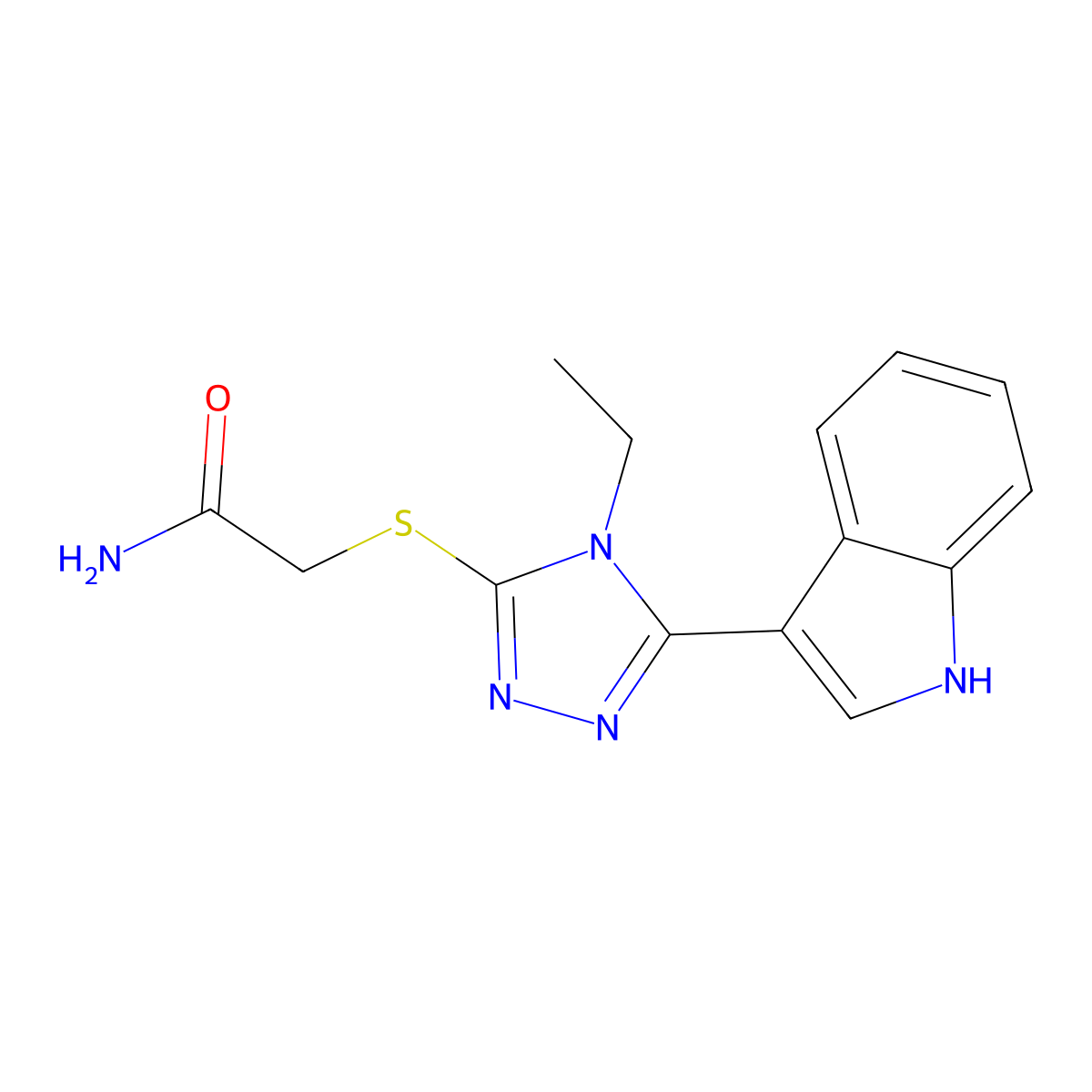 2-((4-ethyl-5-(1H-indol-3-yl)-4H-1,2,4-triazol-3-yl)thio)acetamide molecular structure, CAS 831242-87-6