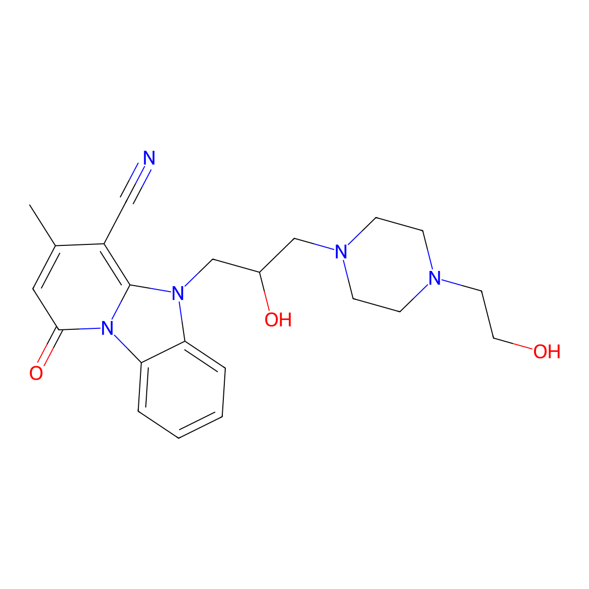 5-{2-Hydroxy-3-[4-(2-hydroxyethyl)piperazin-1-yl]propyl}-3-methyl-1-oxo-1,5-dihydropyrido[1,2-a]benzimidazole-4-carbonitrile molecular structure, CAS 831243-35-7