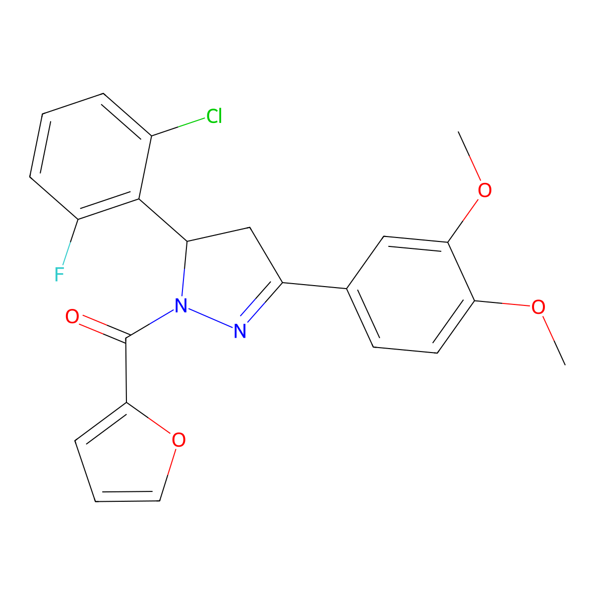 (5-(2-chloro-6-fluorophenyl)-3-(3,4-dimethoxyphenyl)-4,5-dihydro-1H-pyrazol-1-yl)(furan-2-yl)methanone molecular structure, CAS 831243-55-1