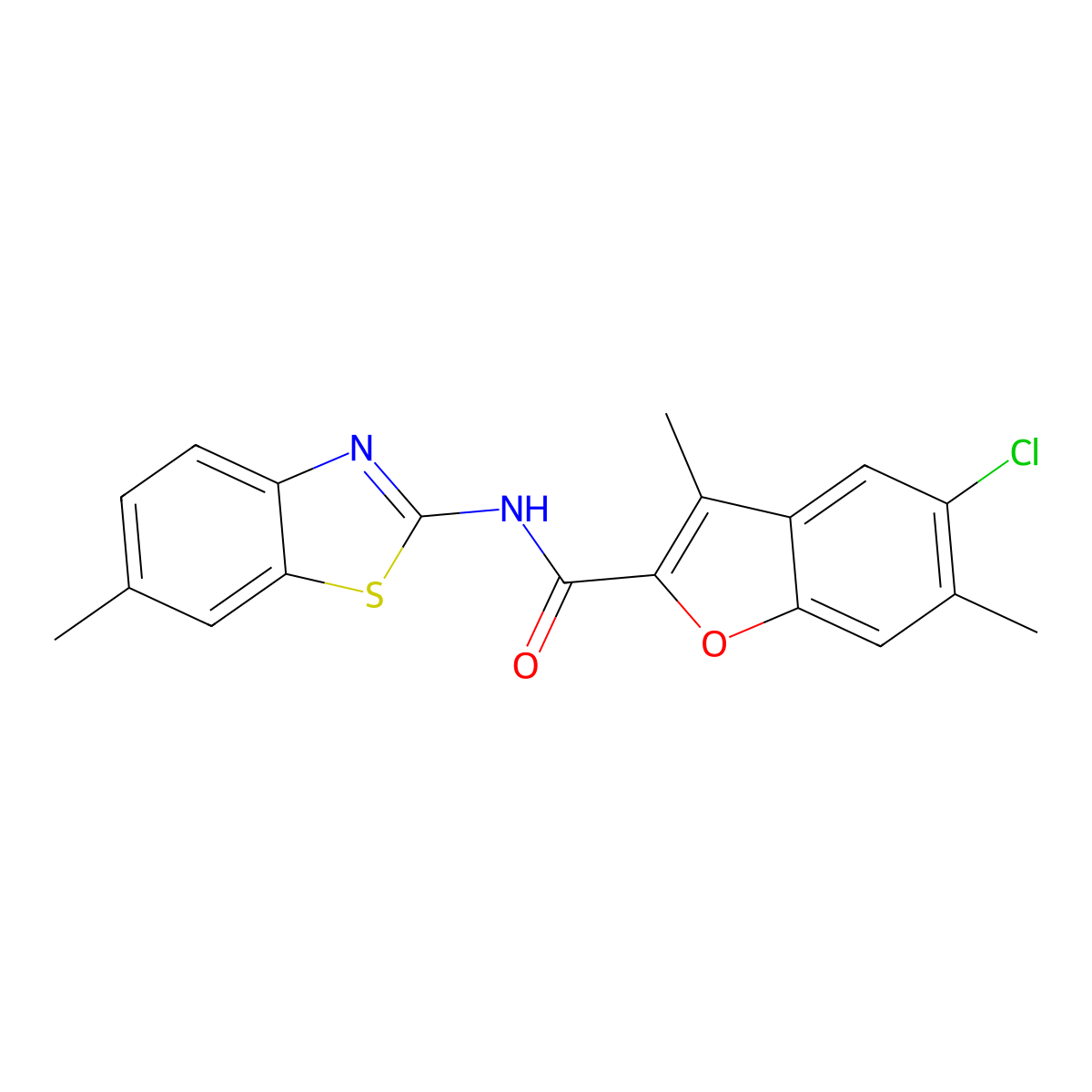 5-chloro-3,6-dimethyl-N-(6-methyl-1,3-benzothiazol-2-yl)-1-benzofuran-2-carboxamide molecular structure, CAS 831244-64-5