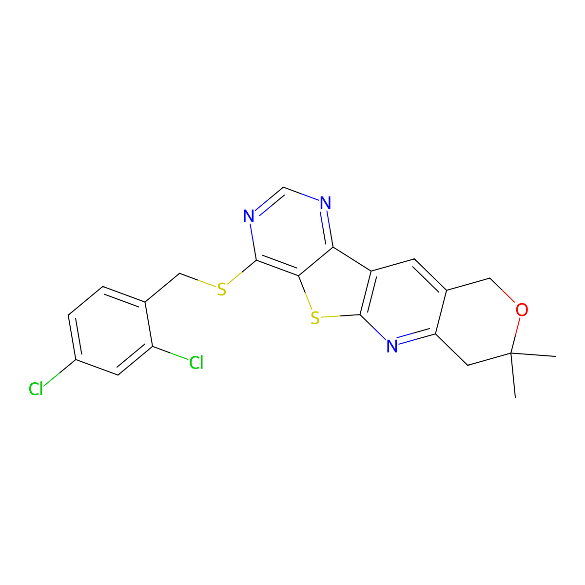 4-((2,4-dichlorobenzyl)thio)-8,8-dimethyl-8,10-dihydro-7H-pyrano[3'',4'':5',6']pyrido[3',2':4,5]thieno[3,2-d]pyrimidine molecular structure, CAS 831246-29-8