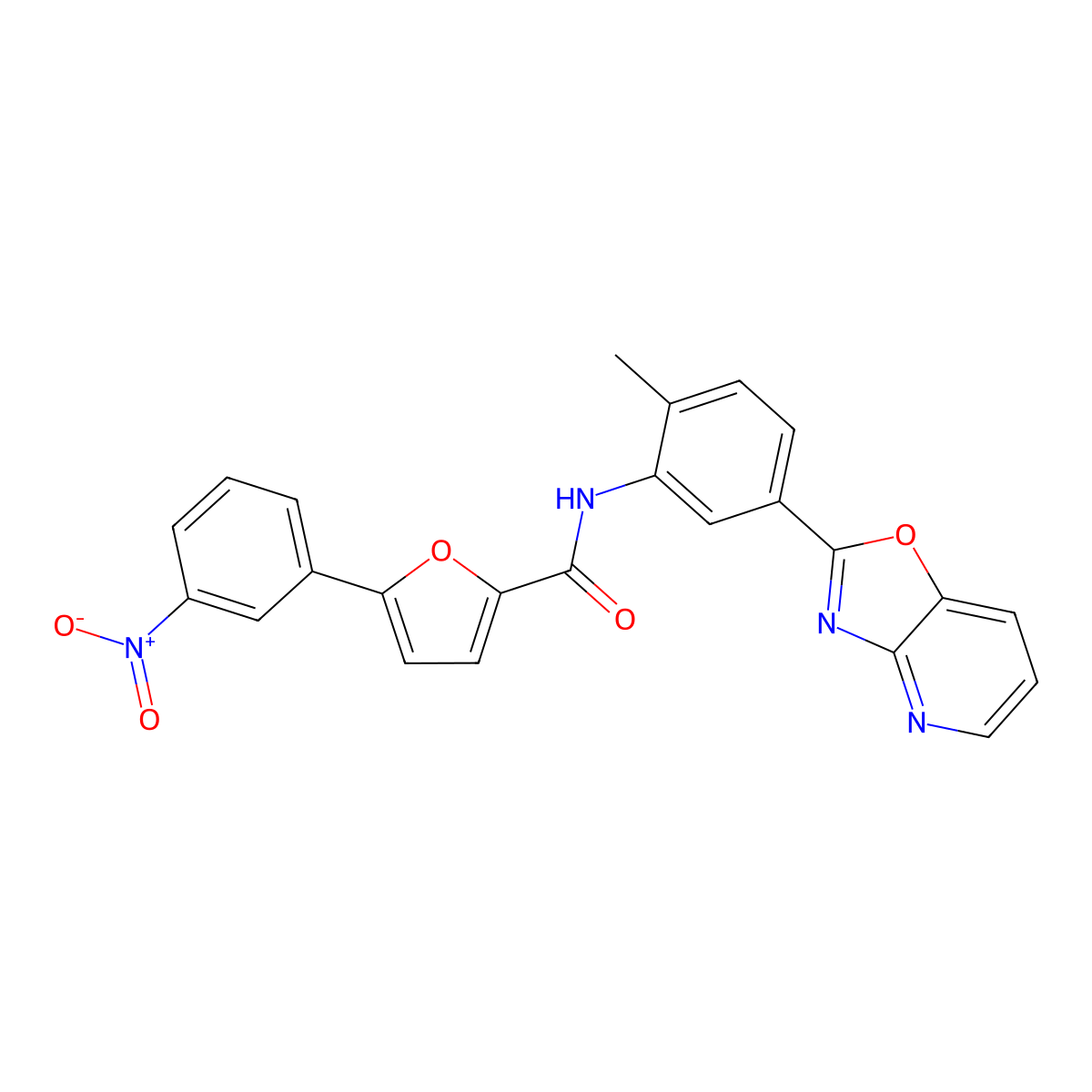 N-[2-methyl-5-([1,3]oxazolo[4,5-b]pyridin-2-yl)phenyl]-5-(3-nitrophenyl)furan-2-carboxamide molecular structure, CAS 831246-95-8