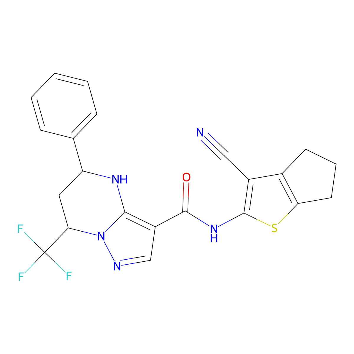 N-(3-cyano-5,6-dihydro-4H-cyclopenta[b]thiophen-2-yl)-5-phenyl-7-(trifluoromethyl)-4,5,6,7-tetrahydropyrazolo[1,5-a]pyrimidine-3-carboxamide molecular structure, CAS 831247-31-5