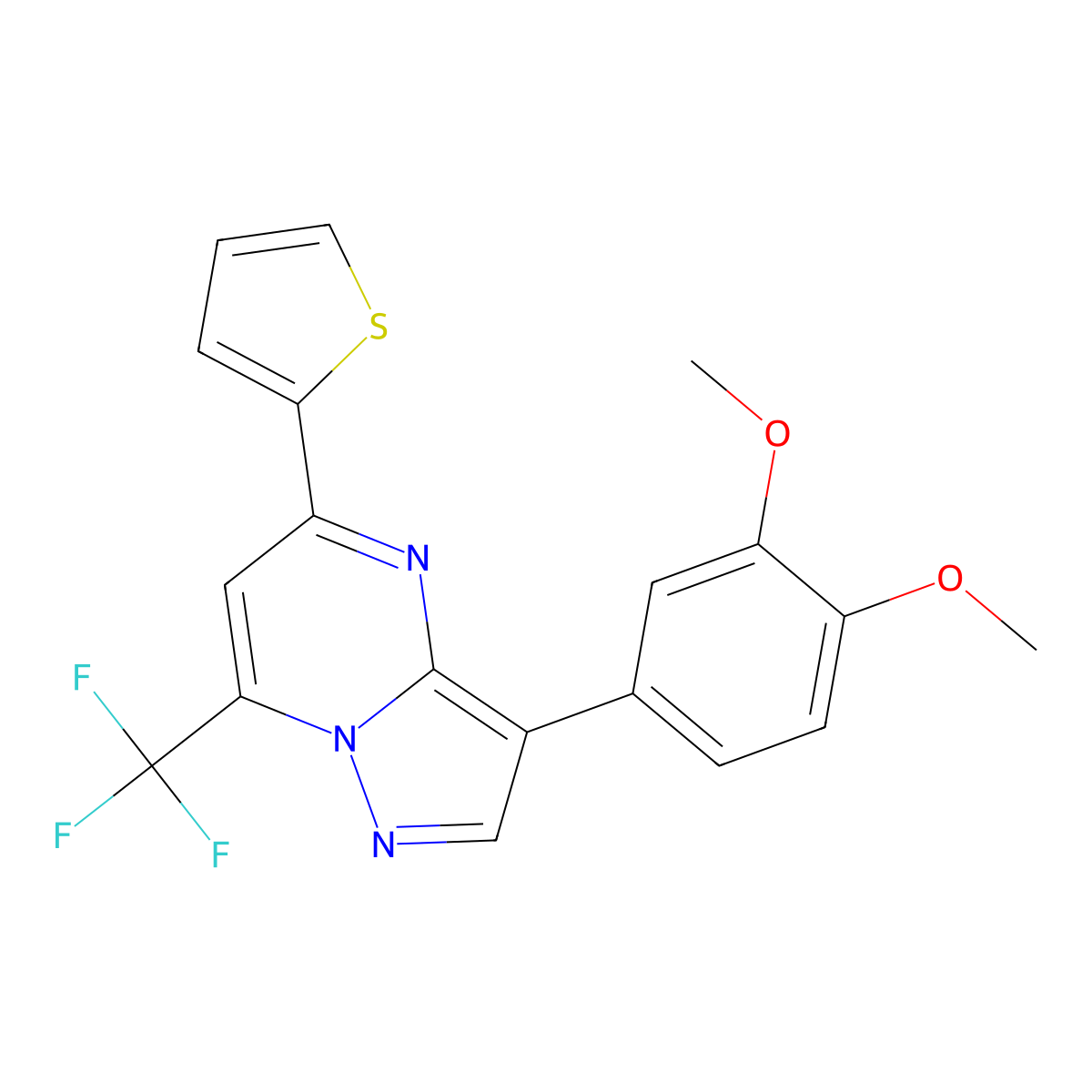 3-(3,4-Dimethoxyphenyl)-5-(thiophen-2-yl)-7-(trifluoromethyl)pyrazolo[1,5-a]pyrimidine molecular structure, CAS 831248-41-0