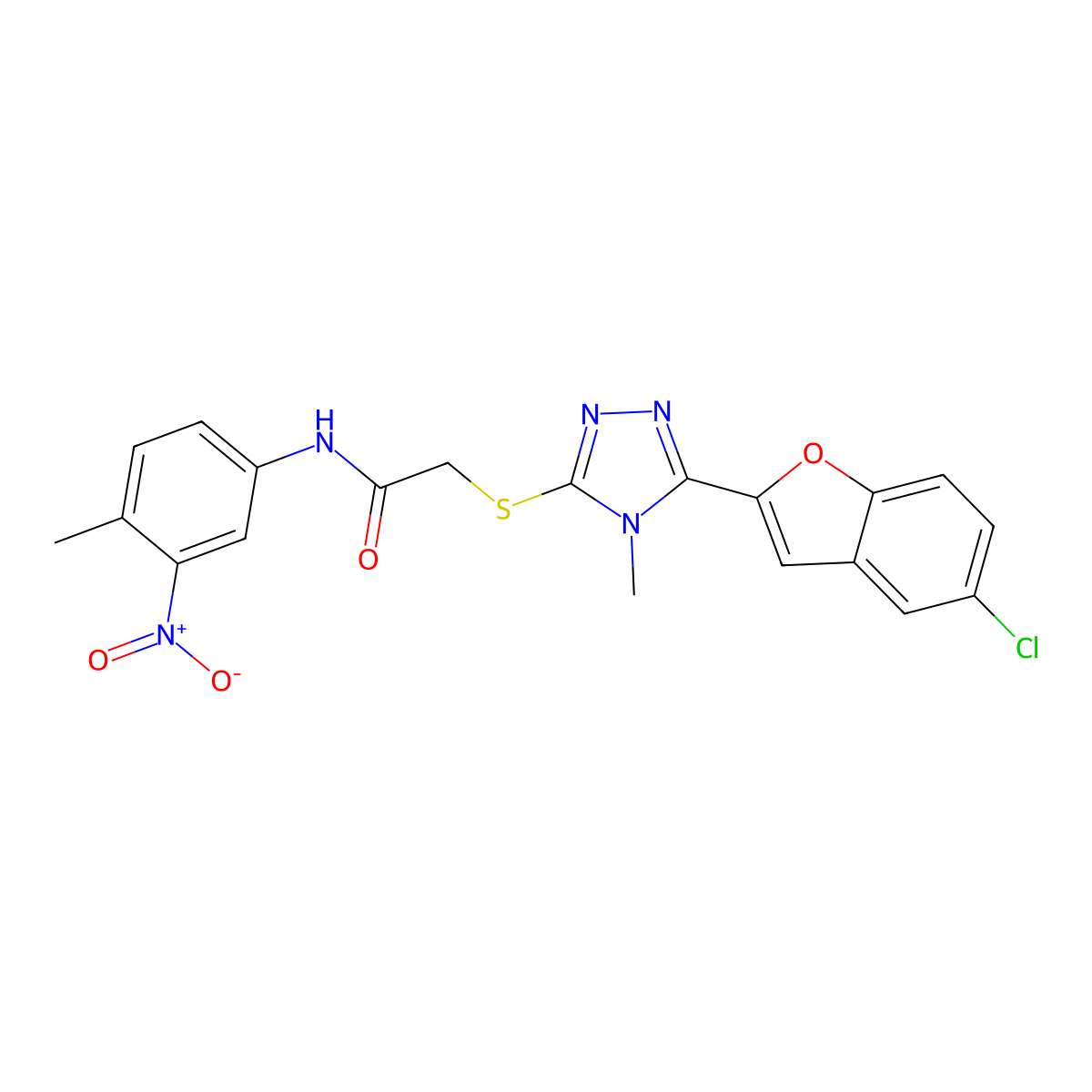 2-[[5-(5-chloro-1-benzofuran-2-yl)-4-methyl-1,2,4-triazol-3-yl]sulfanyl]-N-(4-methyl-3-nitrophenyl)acetamide molecular structure, CAS 831249-10-6