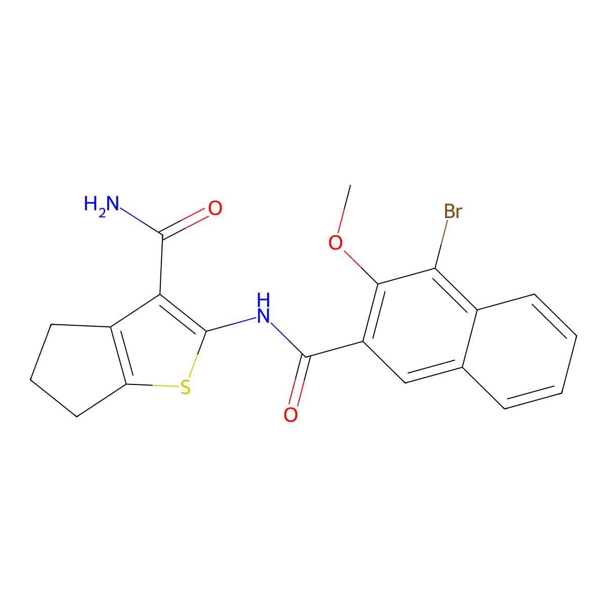 2-[(4-bromo-3-methoxynaphthalene-2-carbonyl)amino]-5,6-dihydro-4H-cyclopenta[b]thiophene-3-carboxamide molecular structure, CAS 831249-49-1