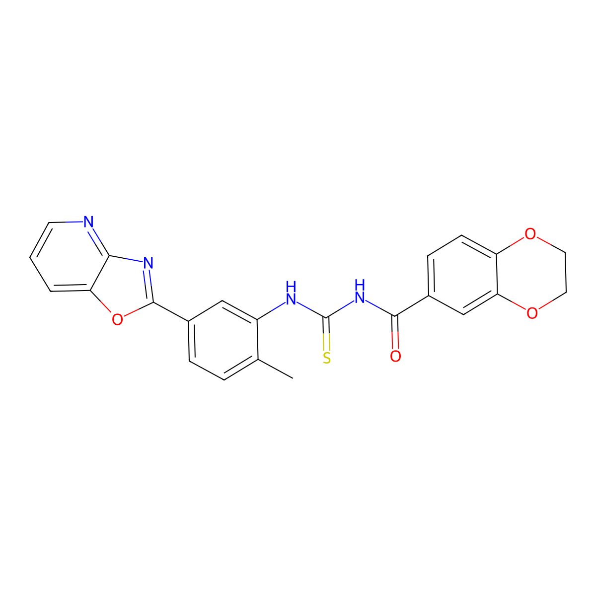 N-[[2-methyl-5-([1,3]oxazolo[4,5-b]pyridin-2-yl)phenyl]carbamothioyl]-2,3-dihydro-1,4-benzodioxine-6-carboxamide molecular structure, CAS 831250-95-4