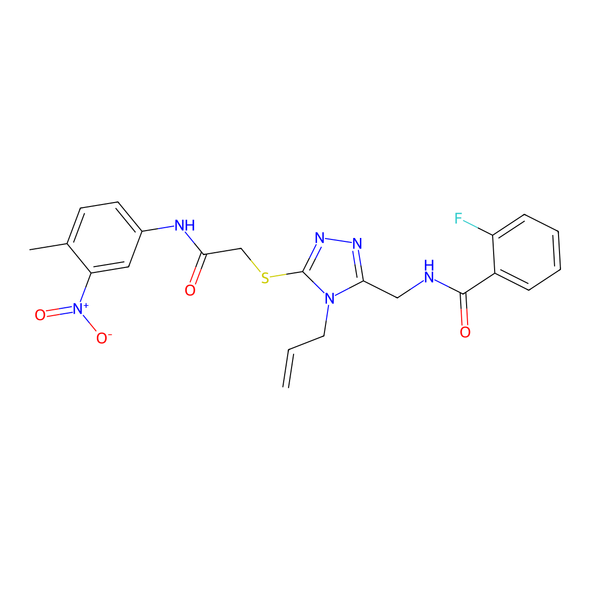 2-fluoro-N-[[5-[2-(4-methyl-3-nitroanilino)-2-oxoethyl]sulfanyl-4-prop-2-enyl-1,2,4-triazol-3-yl]methyl]benzamide molecular structure, CAS 831251-47-9