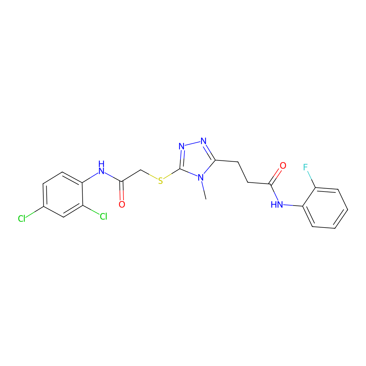 3-[5-[2-(2,4-dichloroanilino)-2-oxoethyl]sulfanyl-4-methyl-1,2,4-triazol-3-yl]-N-(2-fluorophenyl)propanamide molecular structure, CAS 831252-38-1