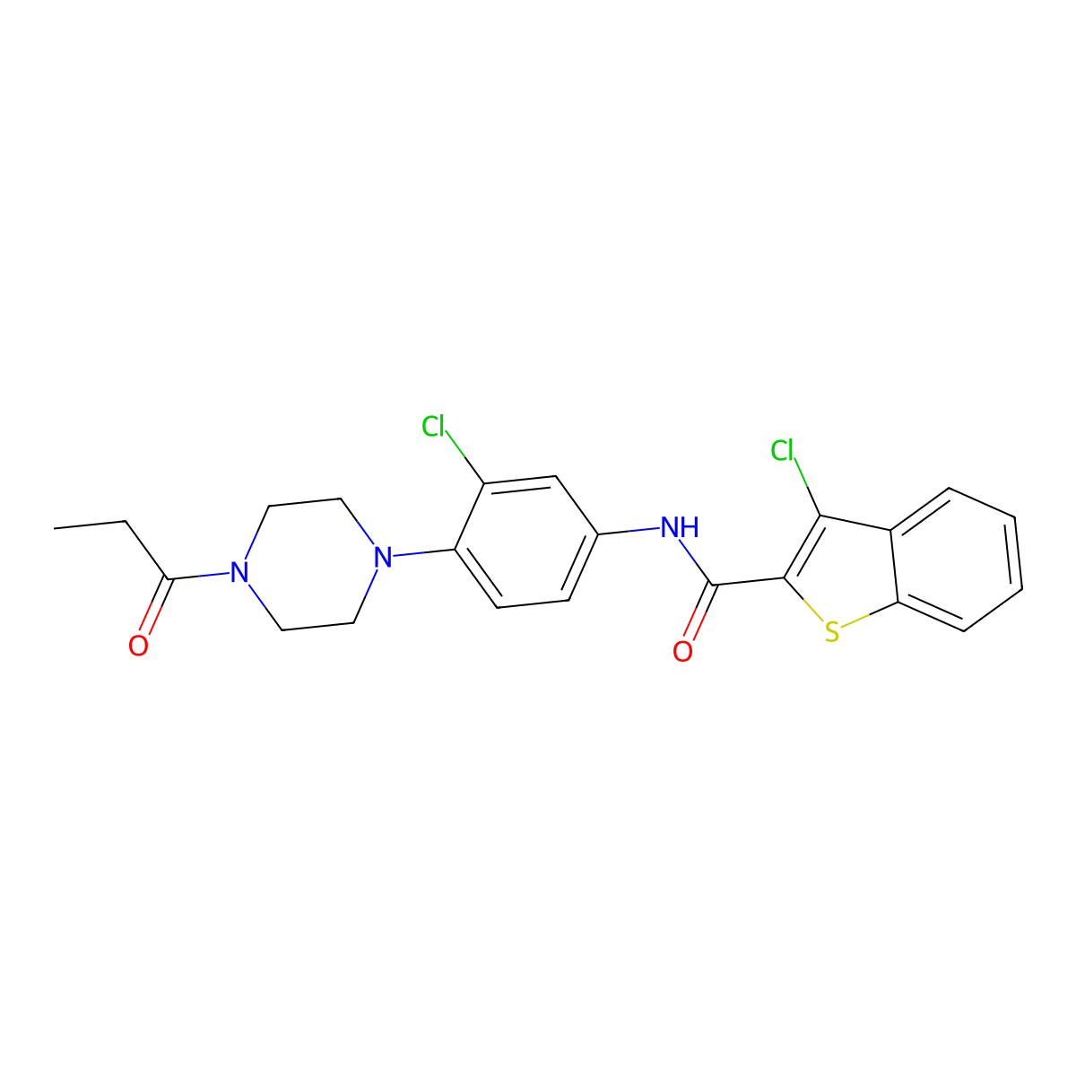3-chloro-N-[3-chloro-4-(4-propanoylpiperazin-1-yl)phenyl]-1-benzothiophene-2-carboxamide molecular structure, CAS 831252-63-2