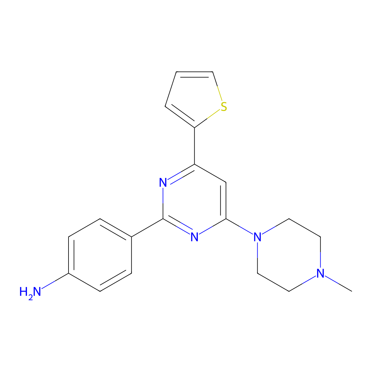 4-(4-(4-Methylpiperazin-1-yl)-6-(thiophen-2-yl)pyrimidin-2-yl)aniline molecular structure, CAS 832076-05-8