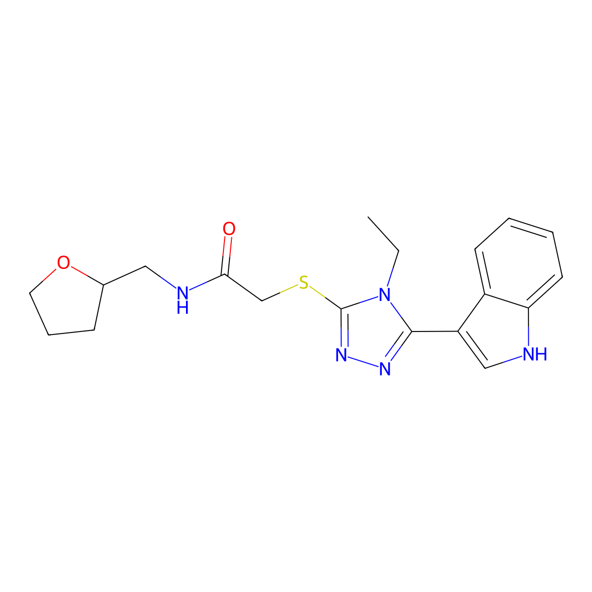 2-{[4-ethyl-5-(1H-indol-3-yl)-4H-1,2,4-triazol-3-yl]thio}-N-(tetrahydro-2-furanylmethyl)acetamide molecular structure, CAS 832091-72-2