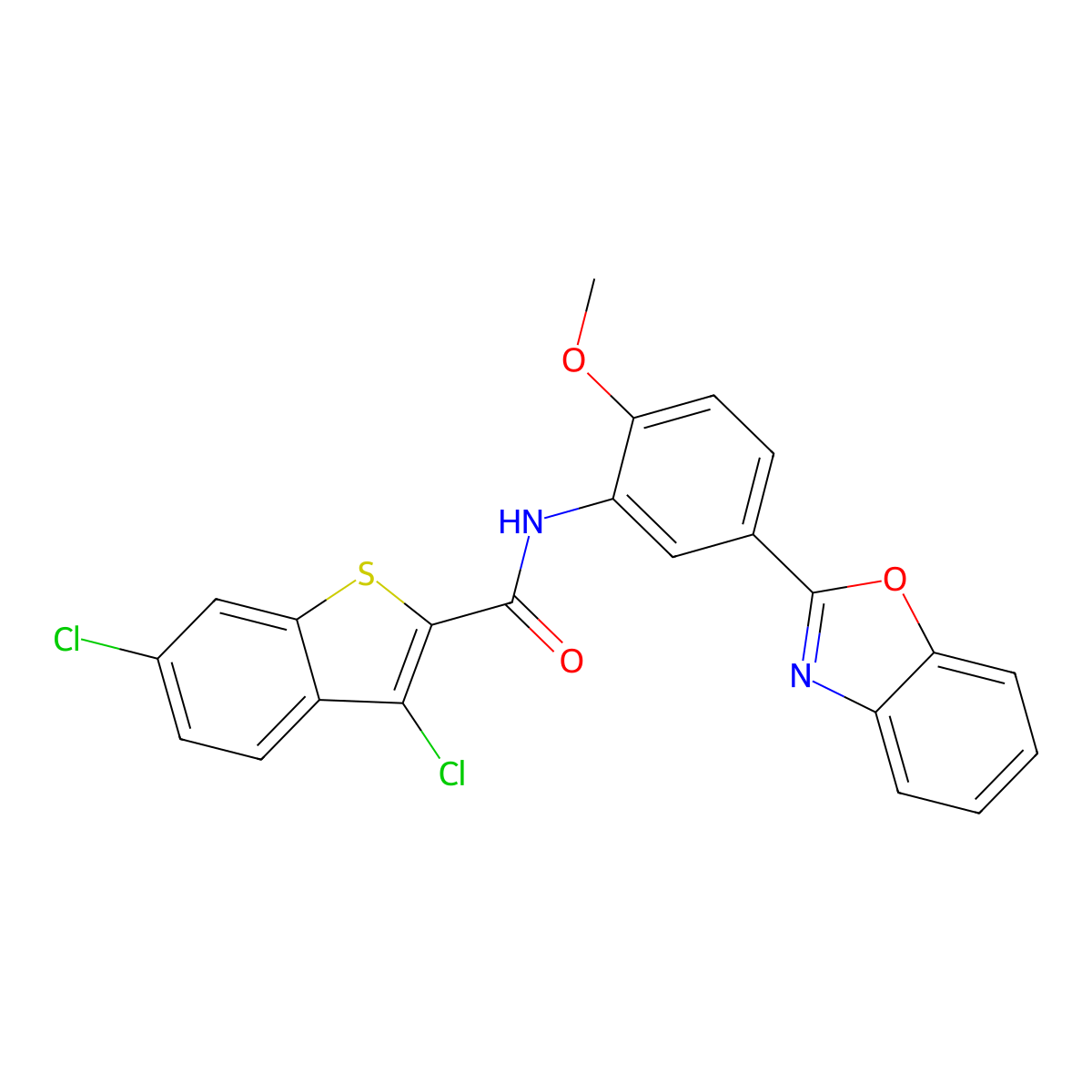 N-[5-(1,3-benzoxazol-2-yl)-2-methoxyphenyl]-3,6-dichloro-1-benzothiophene-2-carboxamide molecular structure, CAS 832092-71-4