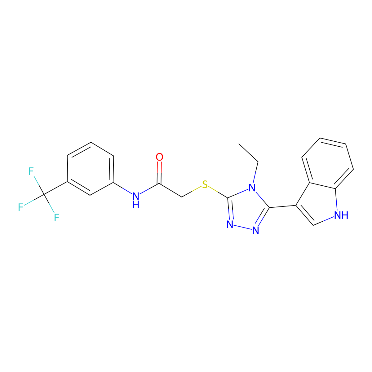 2-((4-ethyl-5-(1H-indol-3-yl)-4H-1,2,4-triazol-3-yl)thio)-N-(3-(trifluoromethyl)phenyl)acetamide molecular structure, CAS 832092-75-8