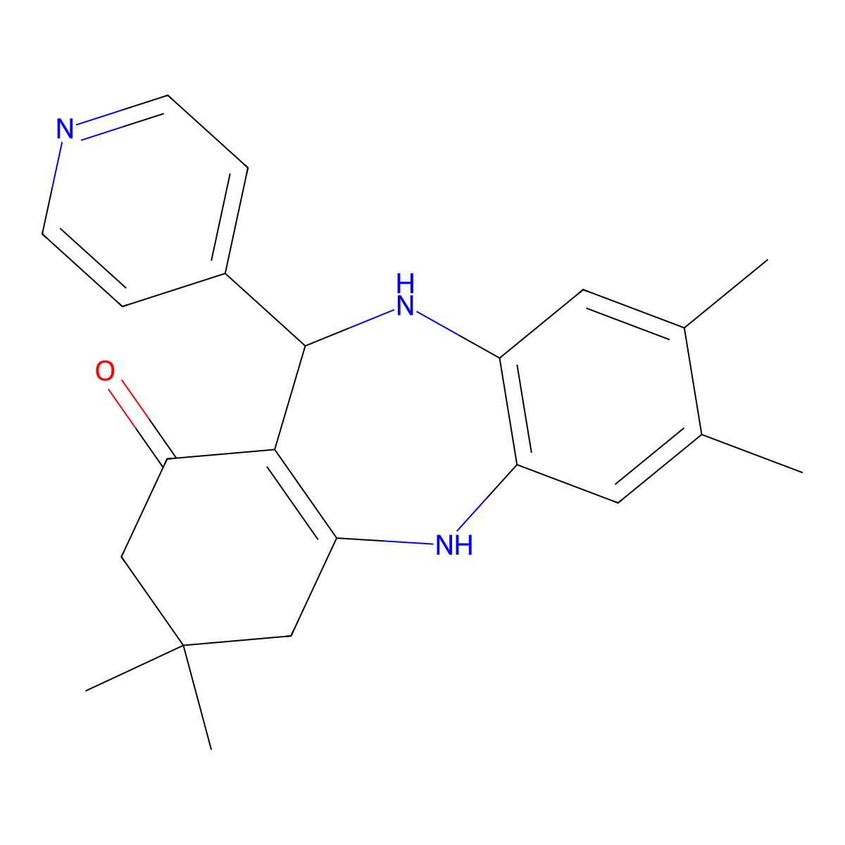 2,3,9,9-tetramethyl-6-pyridin-4-yl-6,8,10,11-tetrahydro-5H-benzo[b][1,4]benzodiazepin-7-one molecular structure, CAS 832093-18-2