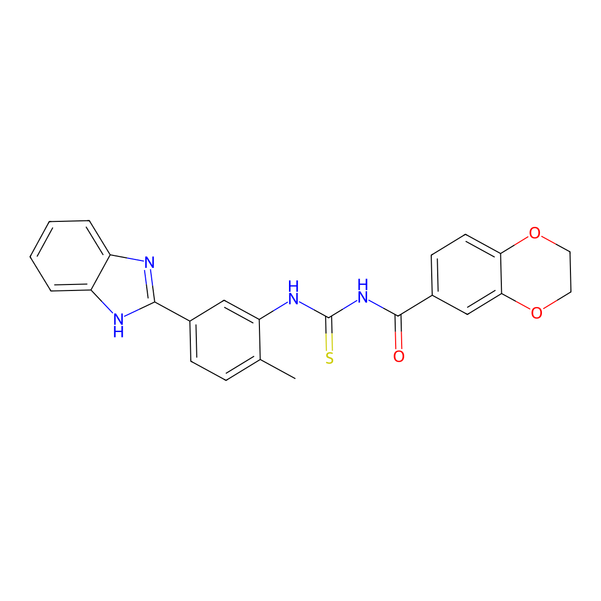 N-({[5-(1H-benzimidazol-2-yl)-2-methylphenyl]amino}carbonothioyl)-2,3-dihydro-1,4-benzodioxine-6-carboxamide molecular structure, CAS 832093-32-0