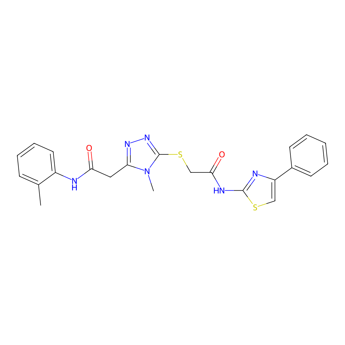 2-[4-methyl-5-[2-oxo-2-[(4-phenyl-1,3-thiazol-2-yl)amino]ethyl]sulfanyl-1,2,4-triazol-3-yl]-N-(2-methylphenyl)acetamide molecular structure, CAS 832094-48-1