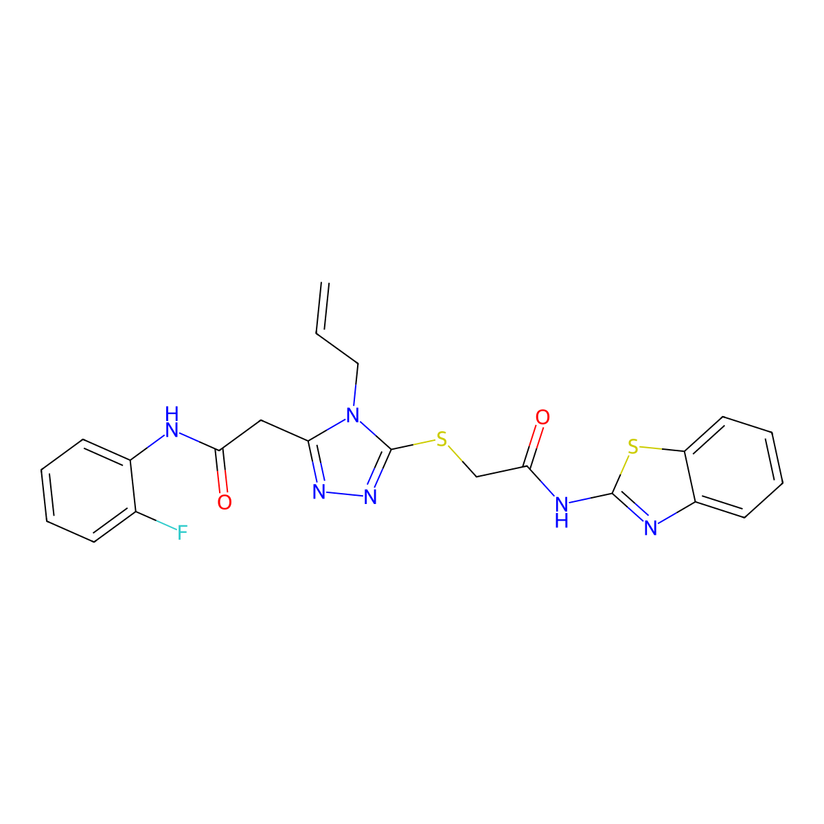 2-[5-[2-(1,3-benzothiazol-2-ylamino)-2-oxoethyl]sulfanyl-4-prop-2-enyl-1,2,4-triazol-3-yl]-N-(2-fluorophenyl)acetamide molecular structure, CAS 832094-71-0