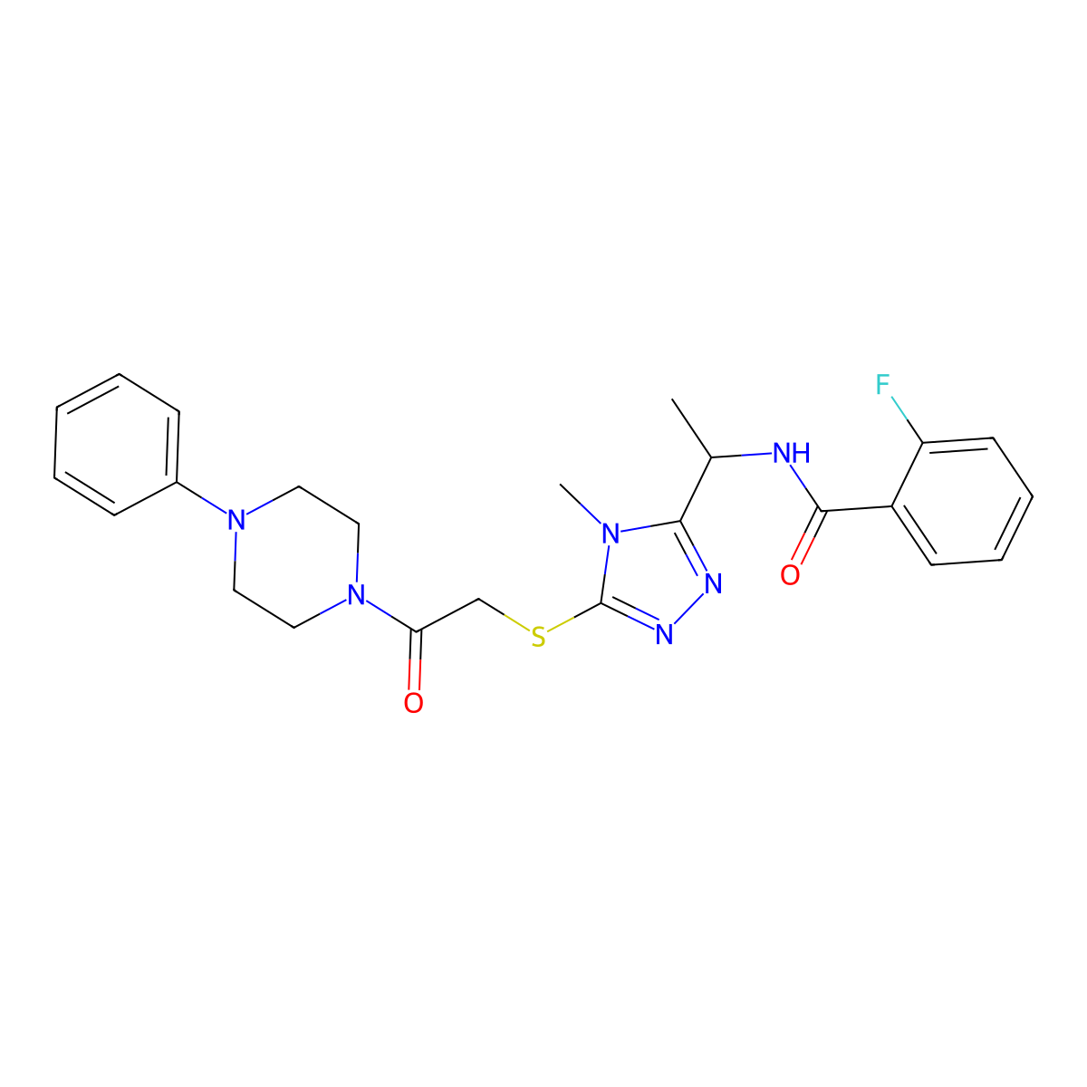 2-fluoro-N-[1-(4-methyl-5-{[2-oxo-2-(4-phenylpiperazin-1-yl)ethyl]sulfanyl}-4H-1,2,4-triazol-3-yl)ethyl]benzamide molecular structure, CAS 832095-21-3