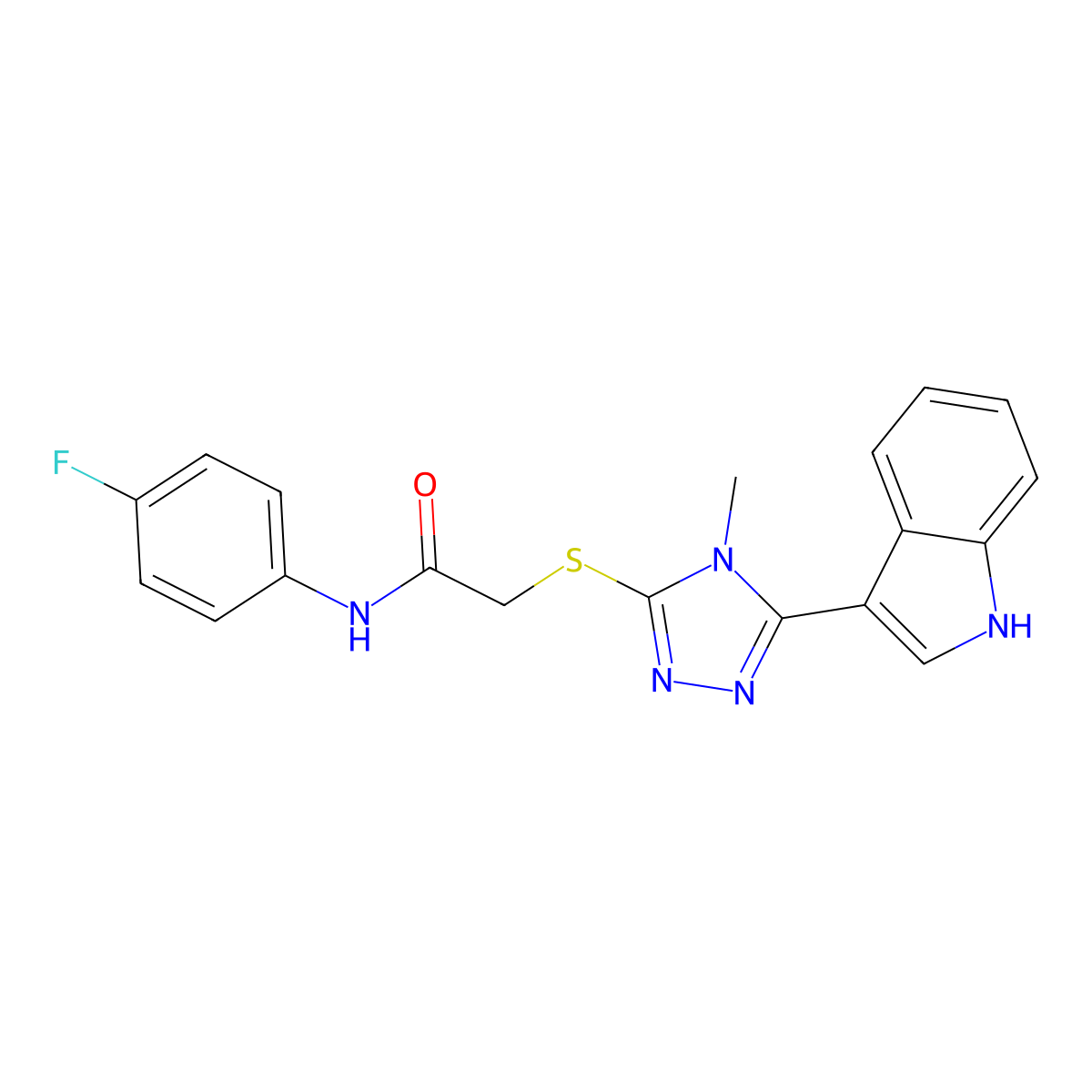 2-((5-(1H-indol-3-yl)-4-methyl-4H-1,2,4-triazol-3-yl)thio)-N-(4-fluorophenyl)acetamide molecular structure, CAS 832104-76-4