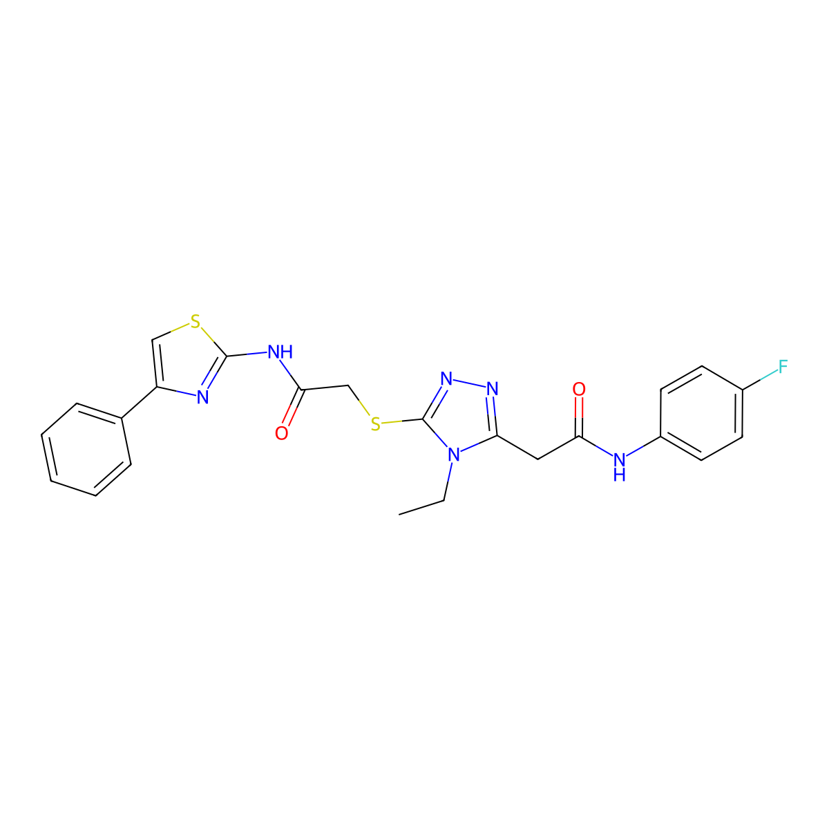 2-[4-ethyl-5-[2-oxo-2-[(4-phenyl-1,3-thiazol-2-yl)amino]ethyl]sulfanyl-1,2,4-triazol-3-yl]-N-(4-fluorophenyl)acetamide molecular structure, CAS 832105-27-8