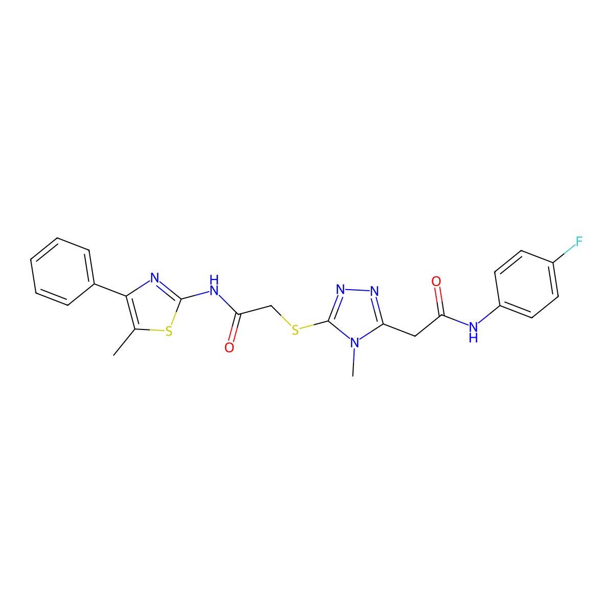 N-(4-fluorophenyl)-2-[4-methyl-5-[2-[(5-methyl-4-phenyl-1,3-thiazol-2-yl)amino]-2-oxoethyl]sulfanyl-1,2,4-triazol-3-yl]acetamide molecular structure, CAS 832106-80-6