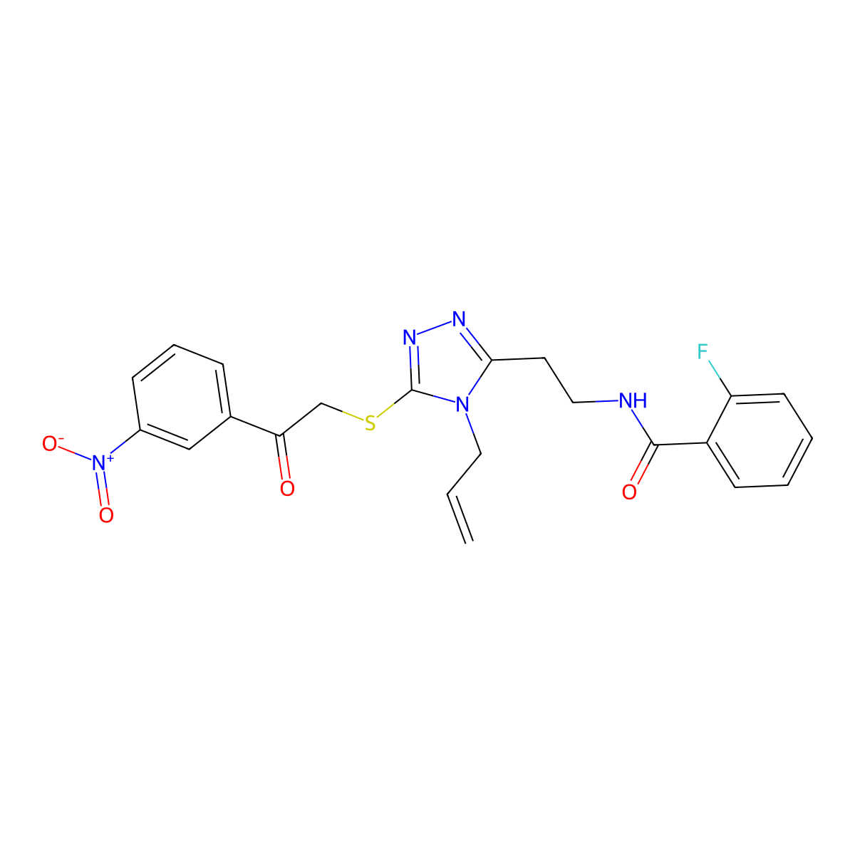 2-fluoro-N-[2-[5-[2-(3-nitrophenyl)-2-oxoethyl]sulfanyl-4-prop-2-enyl-1,2,4-triazol-3-yl]ethyl]benzamide molecular structure, CAS 832107-02-5