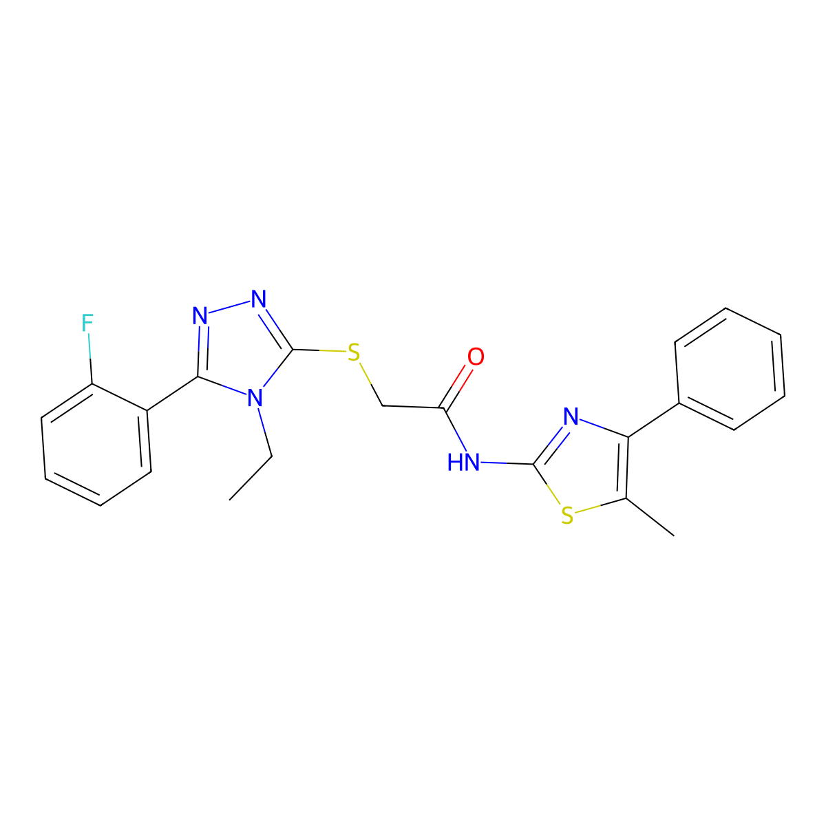 2-[[4-ethyl-5-(2-fluorophenyl)-1,2,4-triazol-3-yl]sulfanyl]-N-(5-methyl-4-phenyl-1,3-thiazol-2-yl)acetamide molecular structure, CAS 832107-90-1
