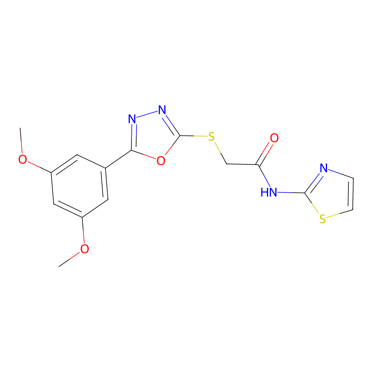 2-((5-(3,5-dimethoxyphenyl)-1,3,4-oxadiazol-2-yl)thio)-N-(thiazol-2-yl)acetamide molecular structure, CAS 832108-48-2
