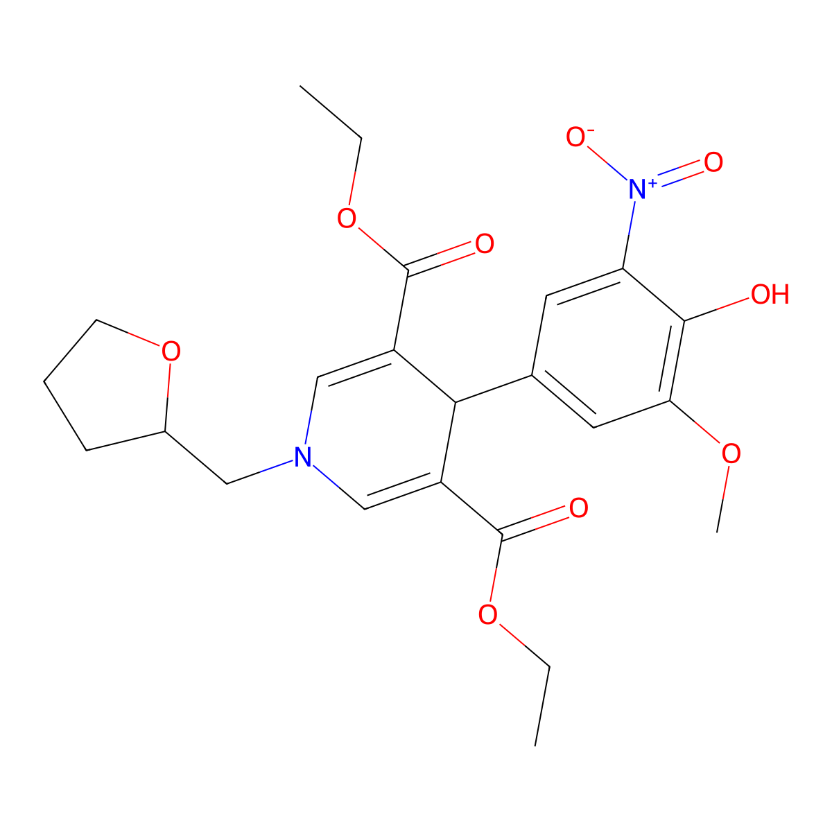 Diethyl 4-(4-hydroxy-3-methoxy-5-nitrophenyl)-1-(tetrahydrofuran-2-ylmethyl)-1,4-dihydropyridine-3,5-dicarboxylate molecular structure, CAS 832108-52-8
