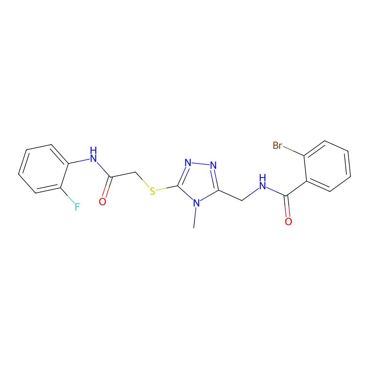 2-bromo-N-[[5-[2-(2-fluoroanilino)-2-oxoethyl]sulfanyl-4-methyl-1,2,4-triazol-3-yl]methyl]benzamide molecular structure, CAS 832109-13-4