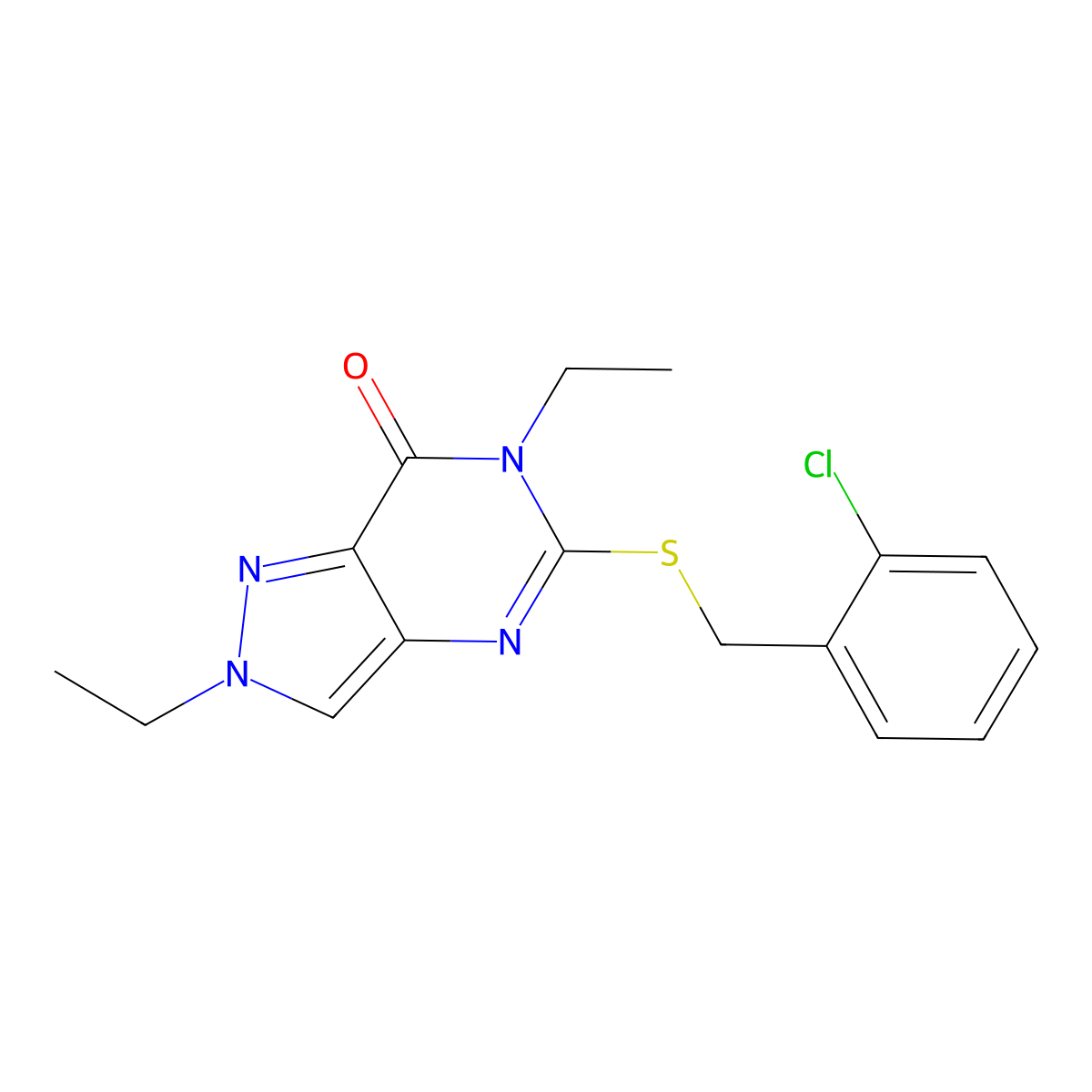 5-[(2-Chlorophenyl)methylsulfanyl]-2,6-diethylpyrazolo[4,3-d]pyrimidin-7-one molecular structure, CAS 832114-58-6