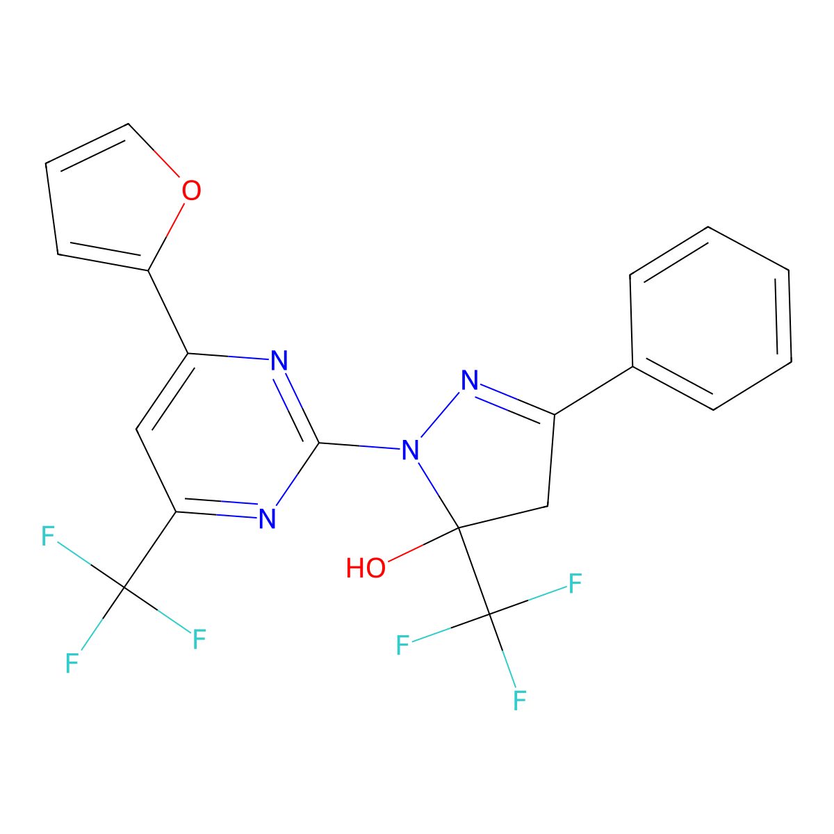 1-[4-(2-Furyl)-6-(trifluoromethyl)-2-pyrimidinyl]-3-phenyl-5-(trifluoromethyl)-4,5-dihydro-1H-pyrazol-5-OL molecular structure, CAS 832114-85-9