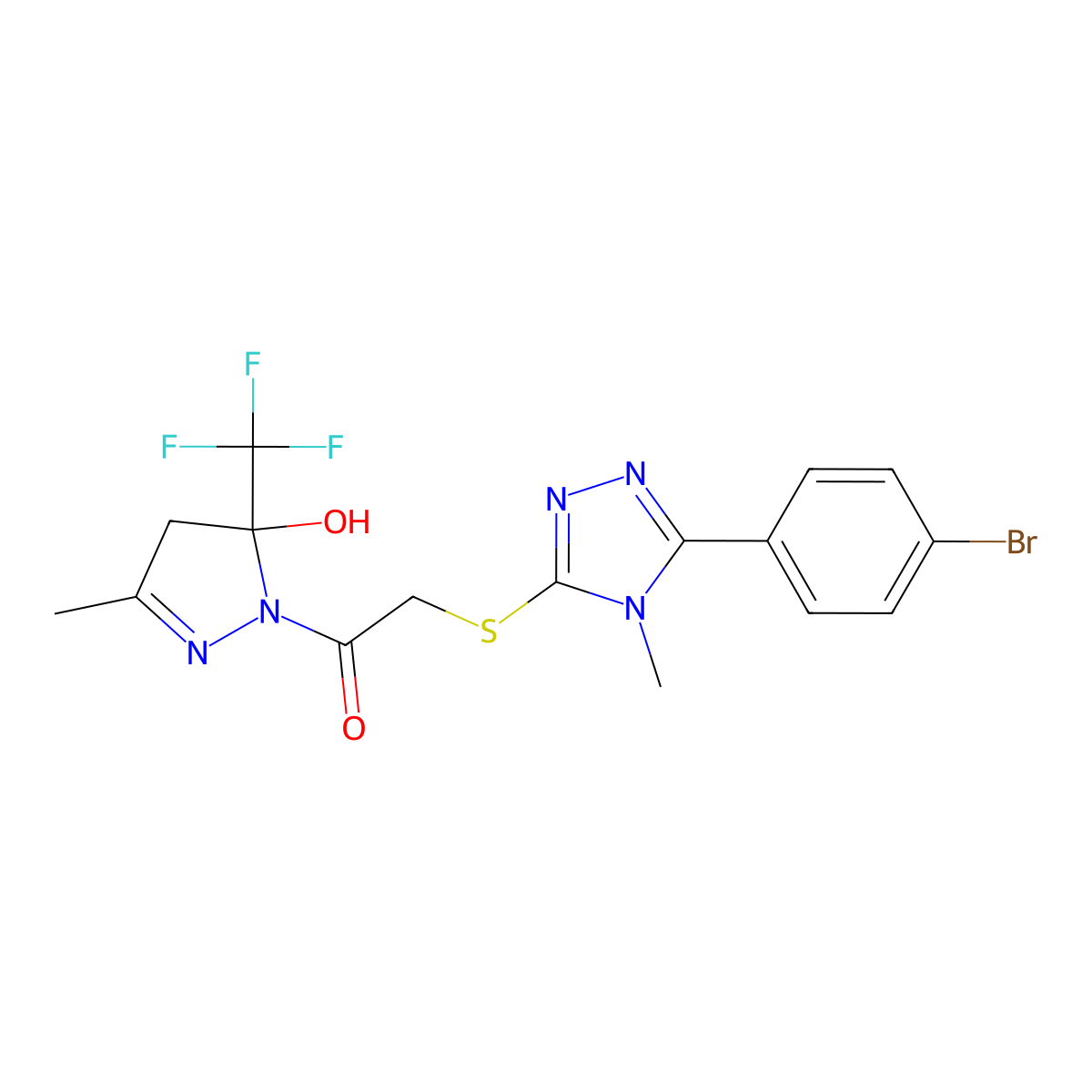 2-{[5-(4-bromophenyl)-4-methyl-4H-1,2,4-triazol-3-yl]sulfanyl}-1-[5-hydroxy-3-methyl-5-(trifluoromethyl)-4,5-dihydro-1H-pyrazol-1-yl]ethanone molecular structure, CAS 832115-04-5