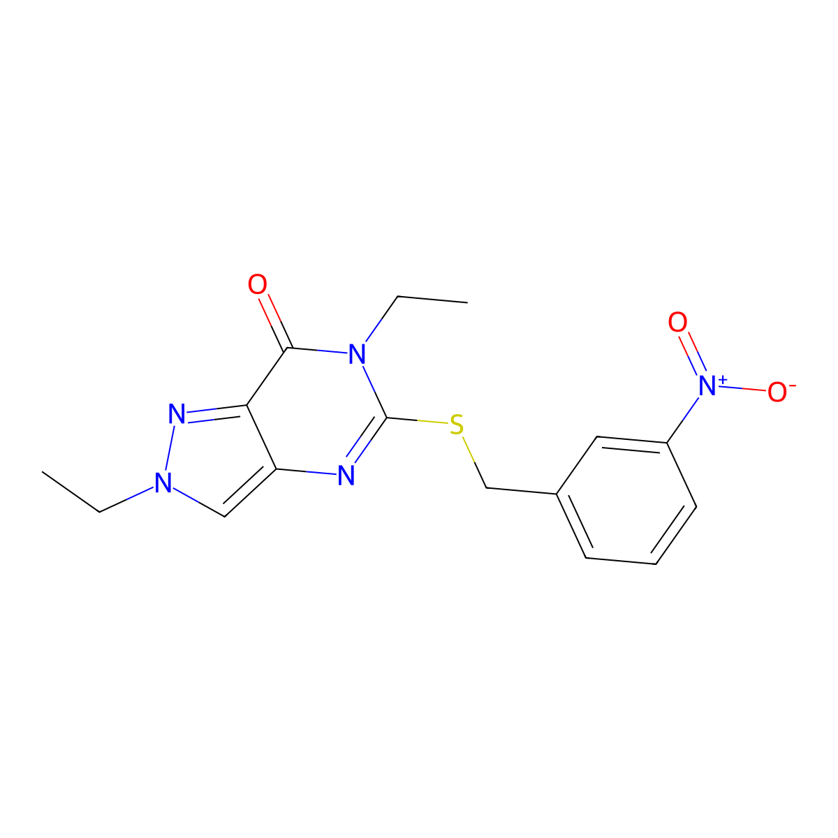 2,6-Diethyl-5-[(3-nitrophenyl)methylsulfanyl]pyrazolo[4,3-d]pyrimidin-7-one molecular structure, CAS 832115-40-9