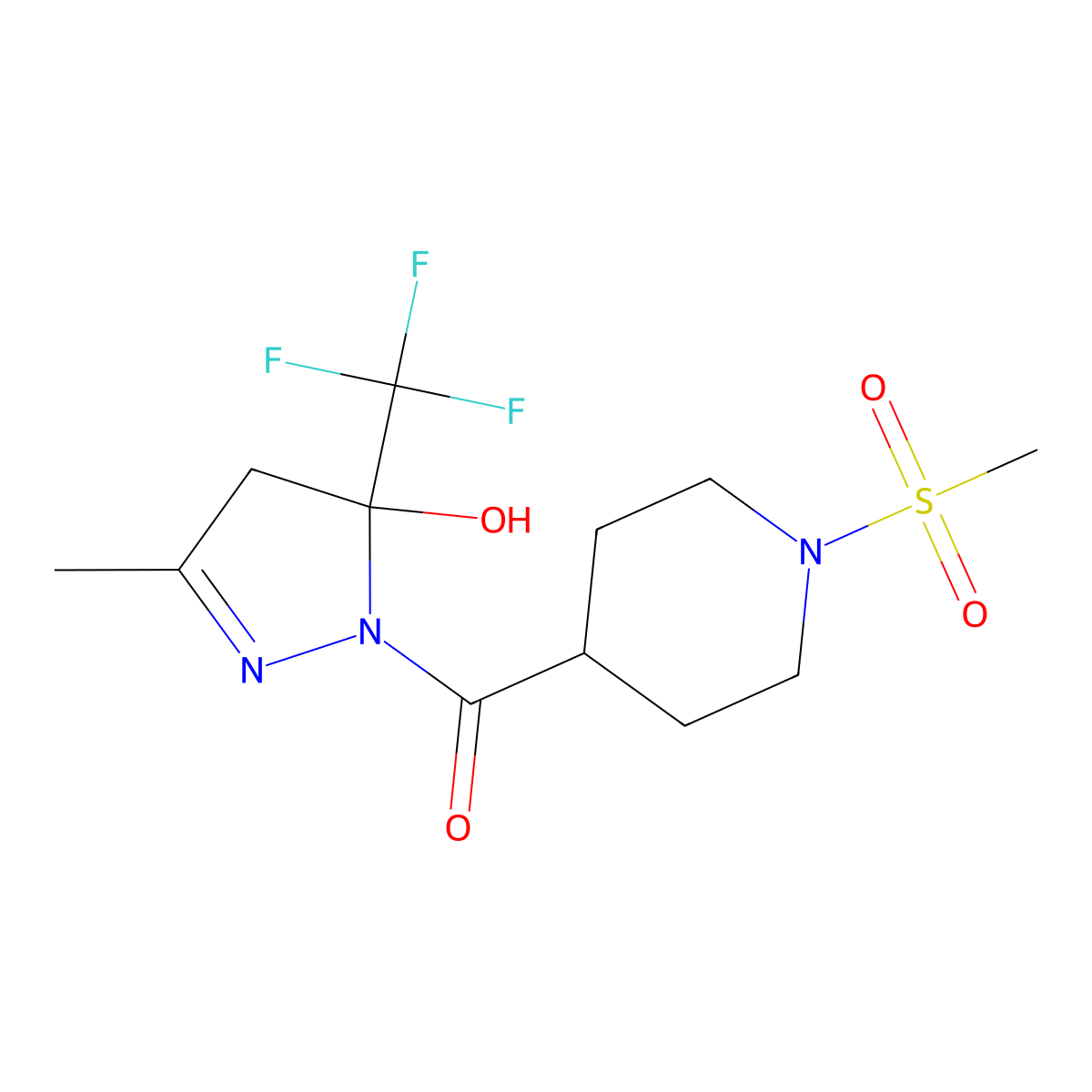 [5-hydroxy-3-methyl-5-(trifluoromethyl)-4H-pyrazol-1-yl]-(1-methylsulfonylpiperidin-4-yl)methanone molecular structure, CAS 832115-55-6