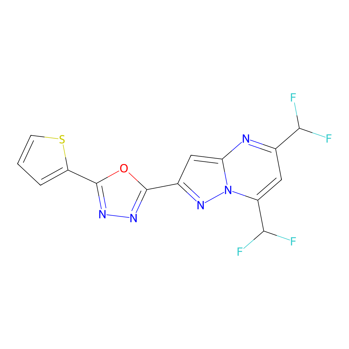 2-[5,7-Bis(difluoromethyl)pyrazolo[1,5-a]pyrimidin-2-yl]-5-thiophen-2-yl-1,3,4-oxadiazole molecular structure, CAS 832115-61-4
