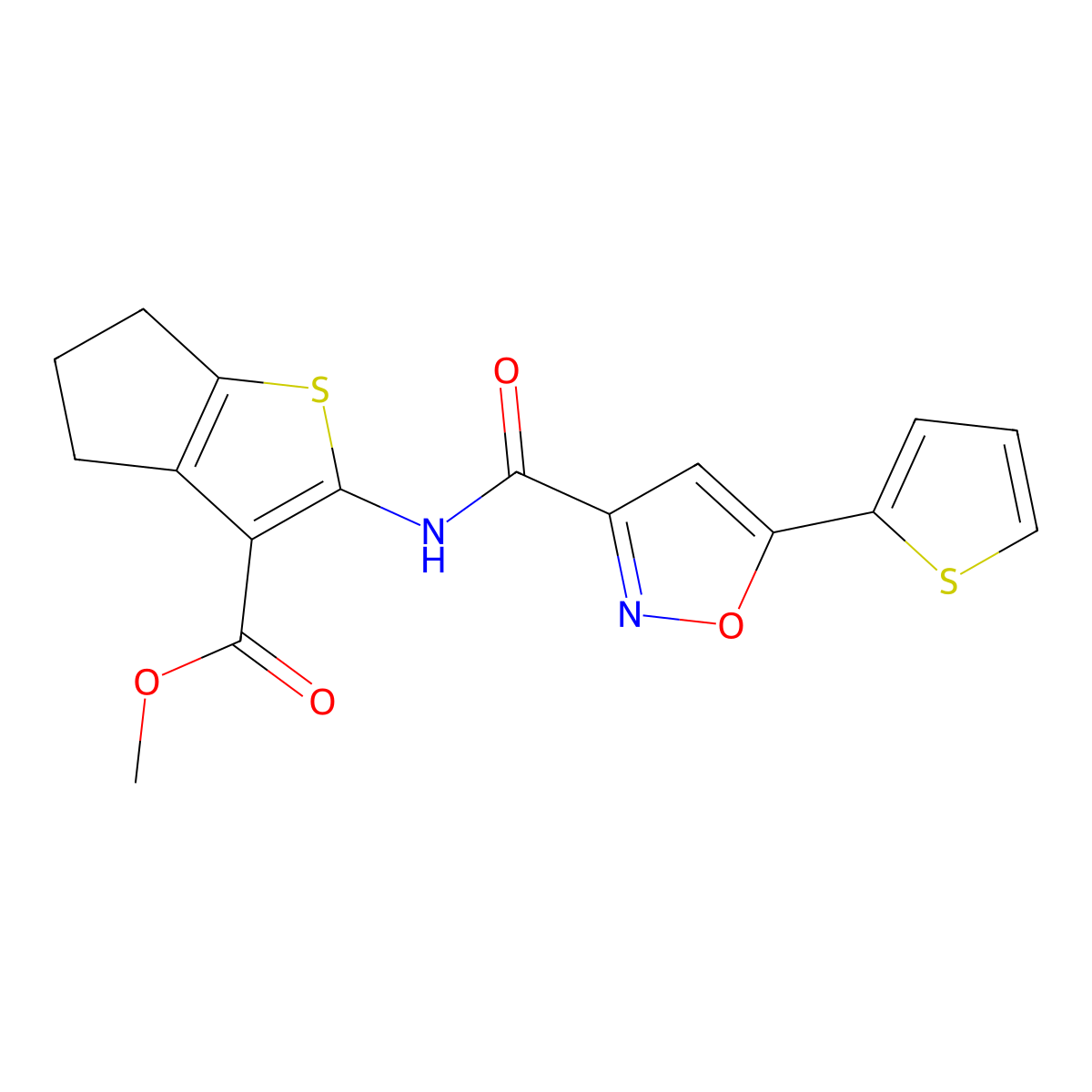 methyl 2-({[5-(thiophen-2-yl)-1,2-oxazol-3-yl]carbonyl}amino)-5,6-dihydro-4H-cyclopenta[b]thiophene-3-carboxylate molecular structure, CAS 832115-65-8