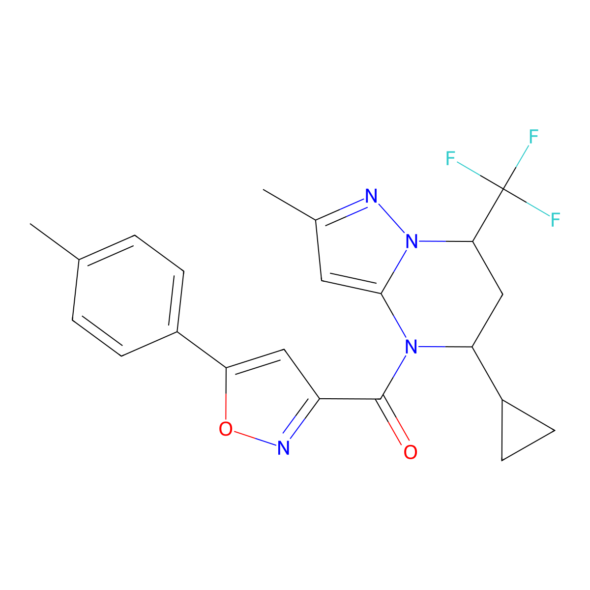 [5-cyclopropyl-2-methyl-7-(trifluoromethyl)-6,7-dihydropyrazolo[1,5-a]pyrimidin-4(5H)-yl][5-(4-methylphenyl)-1,2-oxazol-3-yl]methanone molecular structure, CAS 832115-73-8