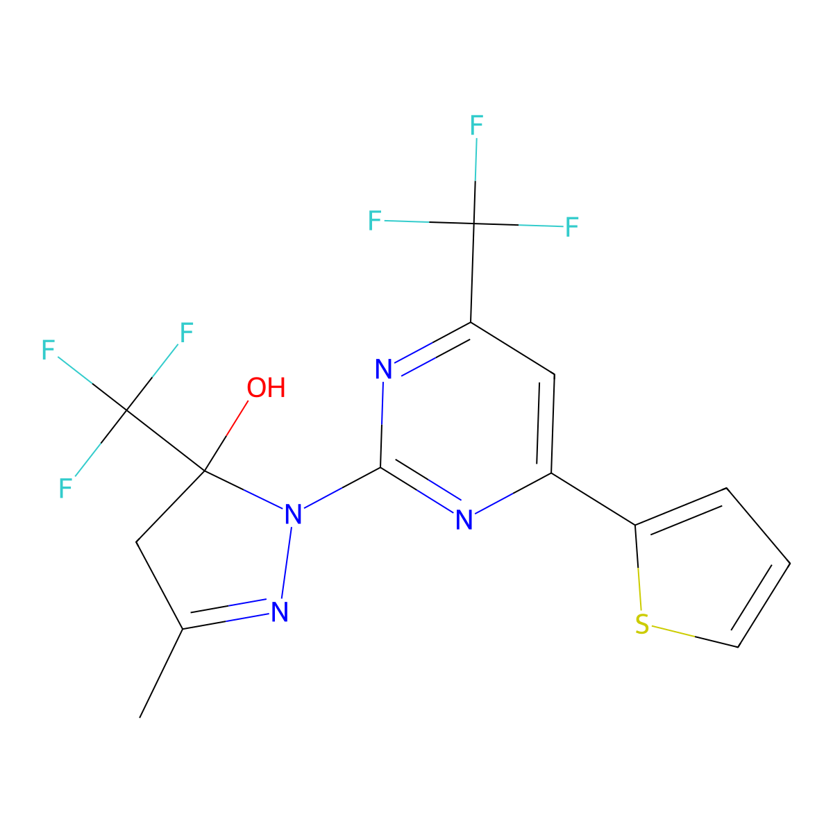 3-Methyl-1-[4-(2-thienyl)-6-(trifluoromethyl)-2-pyrimidinyl]-5-(trifluoromethyl)-4,5-dihydro-1H-pyrazol-5-OL molecular structure, CAS 832115-80-7