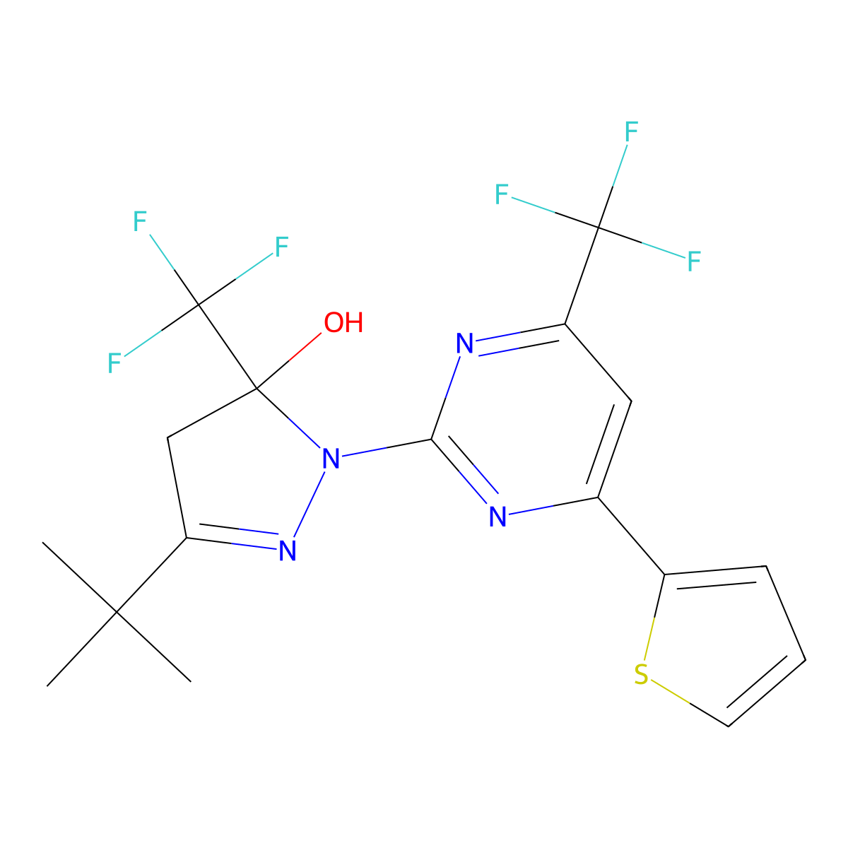 5-tert-butyl-2-[4-thiophen-2-yl-6-(trifluoromethyl)pyrimidin-2-yl]-3-(trifluoromethyl)-4H-pyrazol-3-ol molecular structure, CAS 832115-93-2