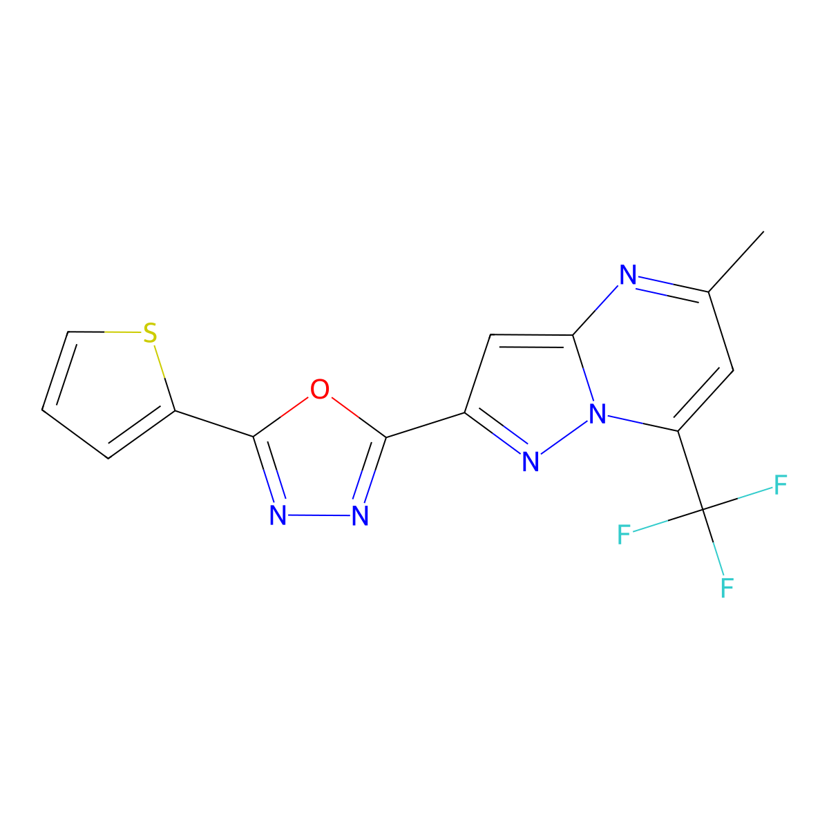 5-Methyl-2-[5-(thiophen-2-yl)-1,3,4-oxadiazol-2-yl]-7-(trifluoromethyl)pyrazolo[1,5-a]pyrimidine molecular structure, CAS 832120-24-8