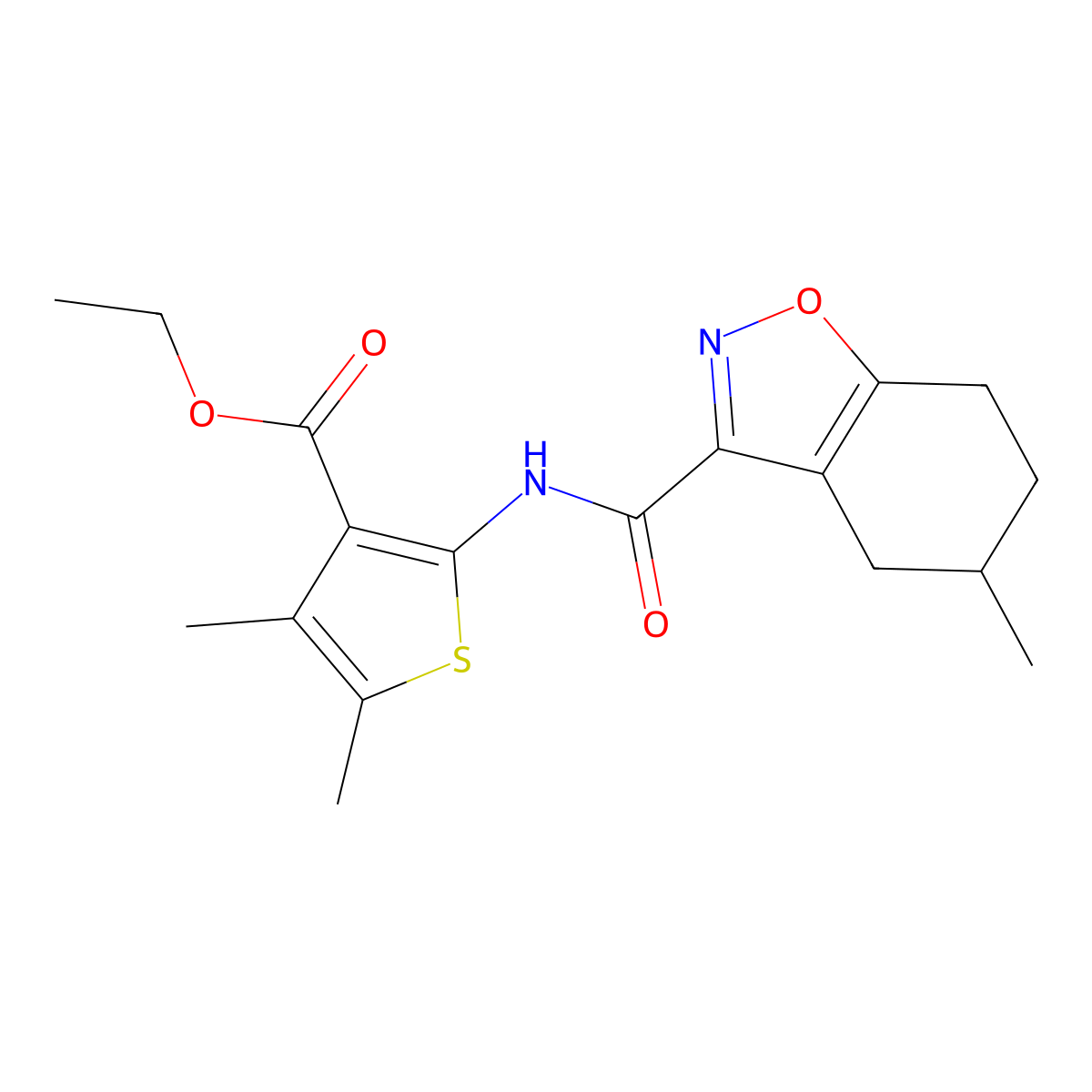 Ethyl 4,5-dimethyl-2-{[(5-methyl-4,5,6,7-tetrahydro-1,2-benzoxazol-3-yl)carbonyl]amino}thiophene-3-carboxylate molecular structure, CAS 832120-36-2