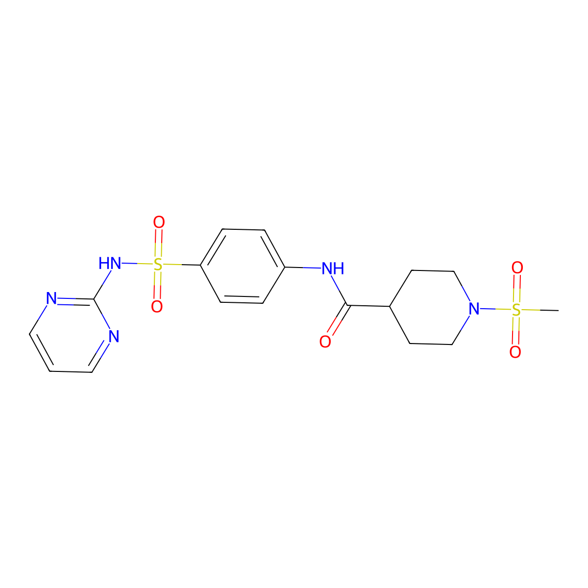1-(methylsulfonyl)-N-[4-(pyrimidin-2-ylsulfamoyl)phenyl]piperidine-4-carboxamide molecular structure, CAS 832120-71-5