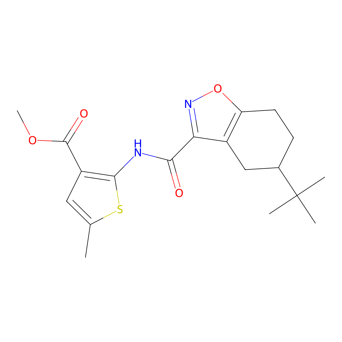 Methyl 2-{[(5-tert-butyl-4,5,6,7-tetrahydro-1,2-benzoxazol-3-yl)carbonyl]amino}-5-methylthiophene-3-carboxylate molecular structure, CAS 832121-48-9