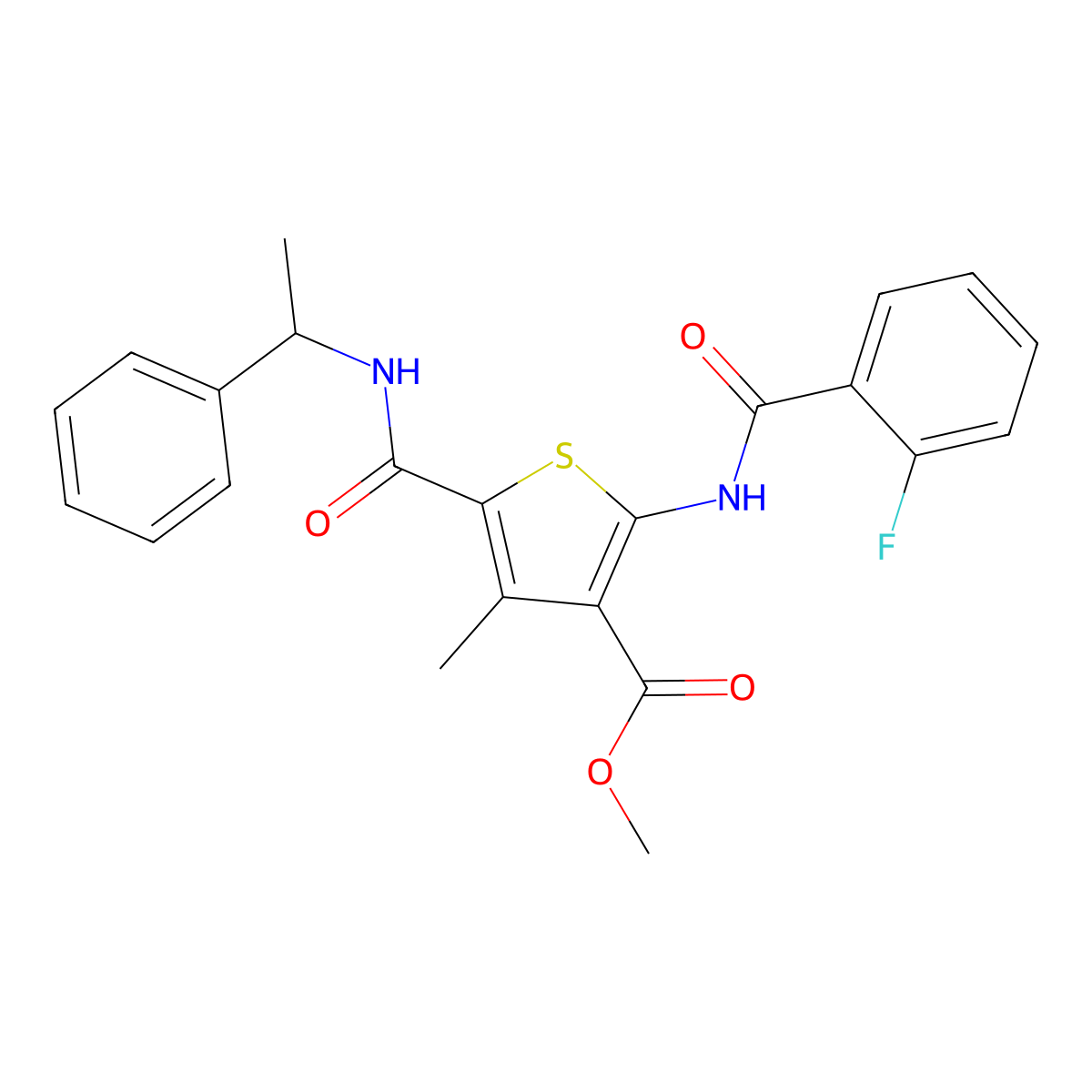 Methyl 2-{[(2-fluorophenyl)carbonyl]amino}-4-methyl-5-[(1-phenylethyl)carbamoyl]thiophene-3-carboxylate molecular structure, CAS 832121-60-5