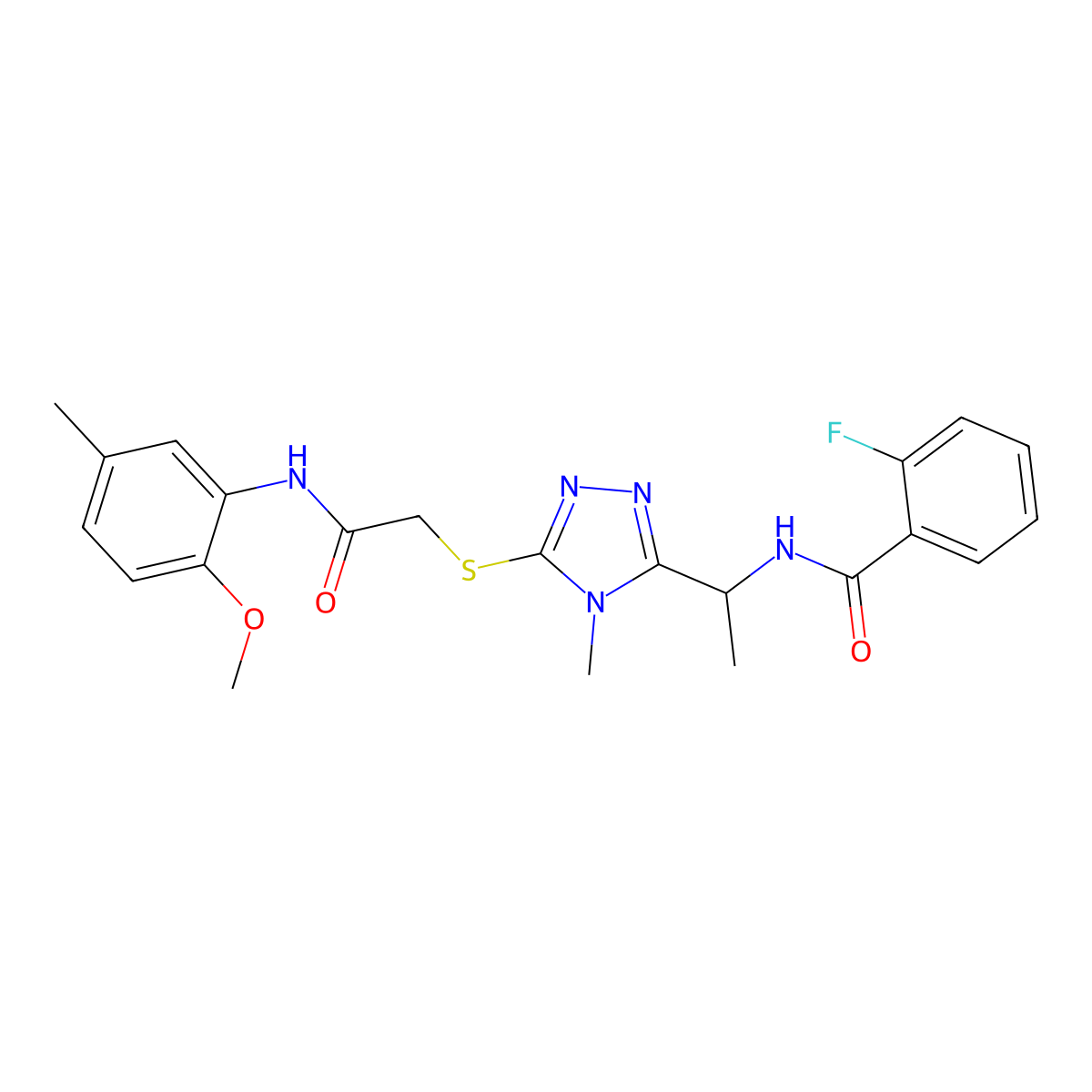 2-fluoro-N-{1-[5-({2-[(2-methoxy-5-methylphenyl)amino]-2-oxoethyl}sulfanyl)-4-methyl-4H-1,2,4-triazol-3-yl]ethyl}benzamide molecular structure, CAS 832121-69-4