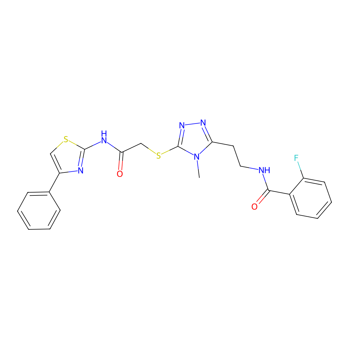 2-fluoro-N-[2-[4-methyl-5-[2-oxo-2-[(4-phenyl-1,3-thiazol-2-yl)amino]ethyl]sulfanyl-1,2,4-triazol-3-yl]ethyl]benzamide molecular structure, CAS 832123-62-3